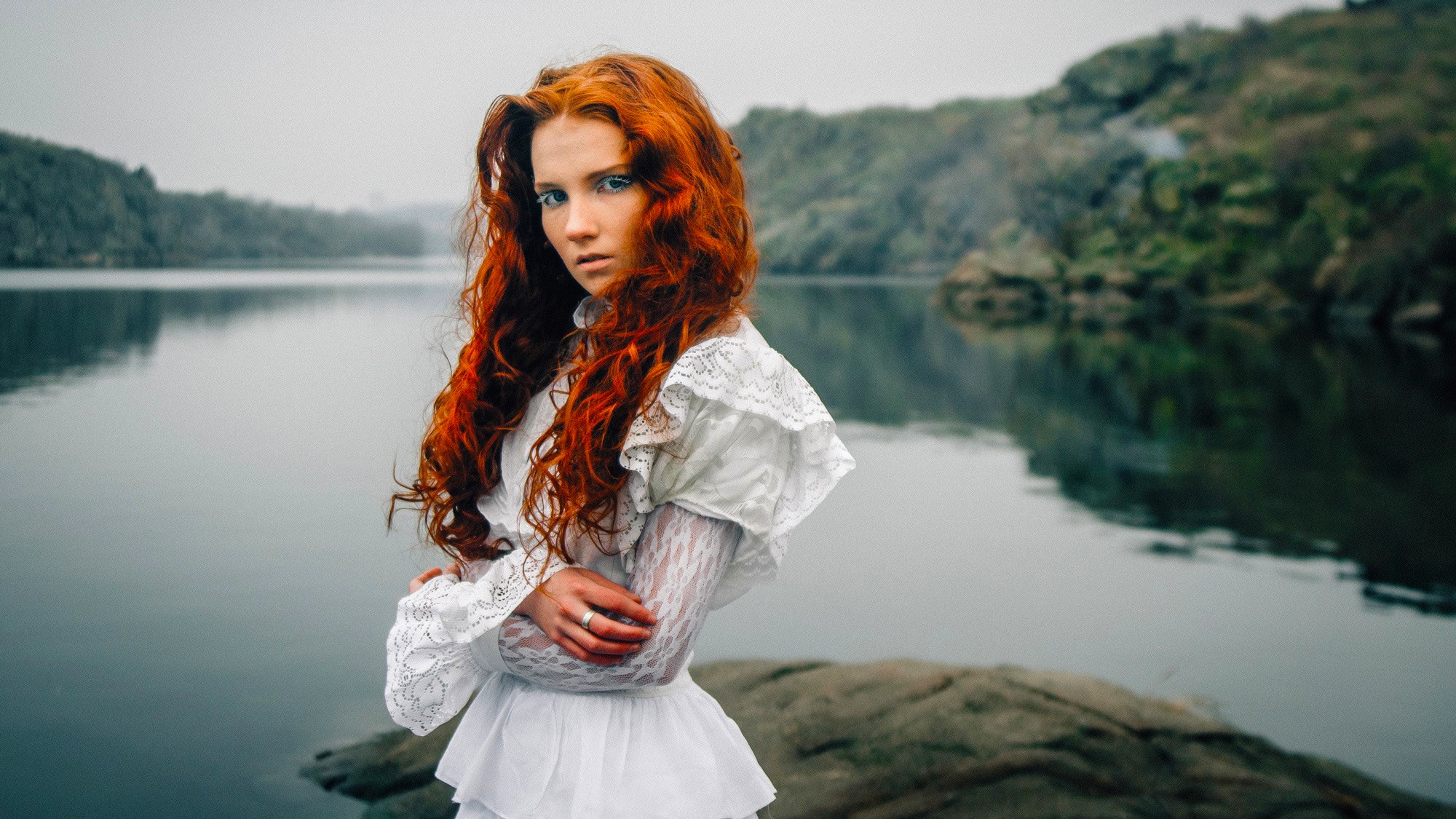 Redhead woman in white dress by the water HD Wallpaper