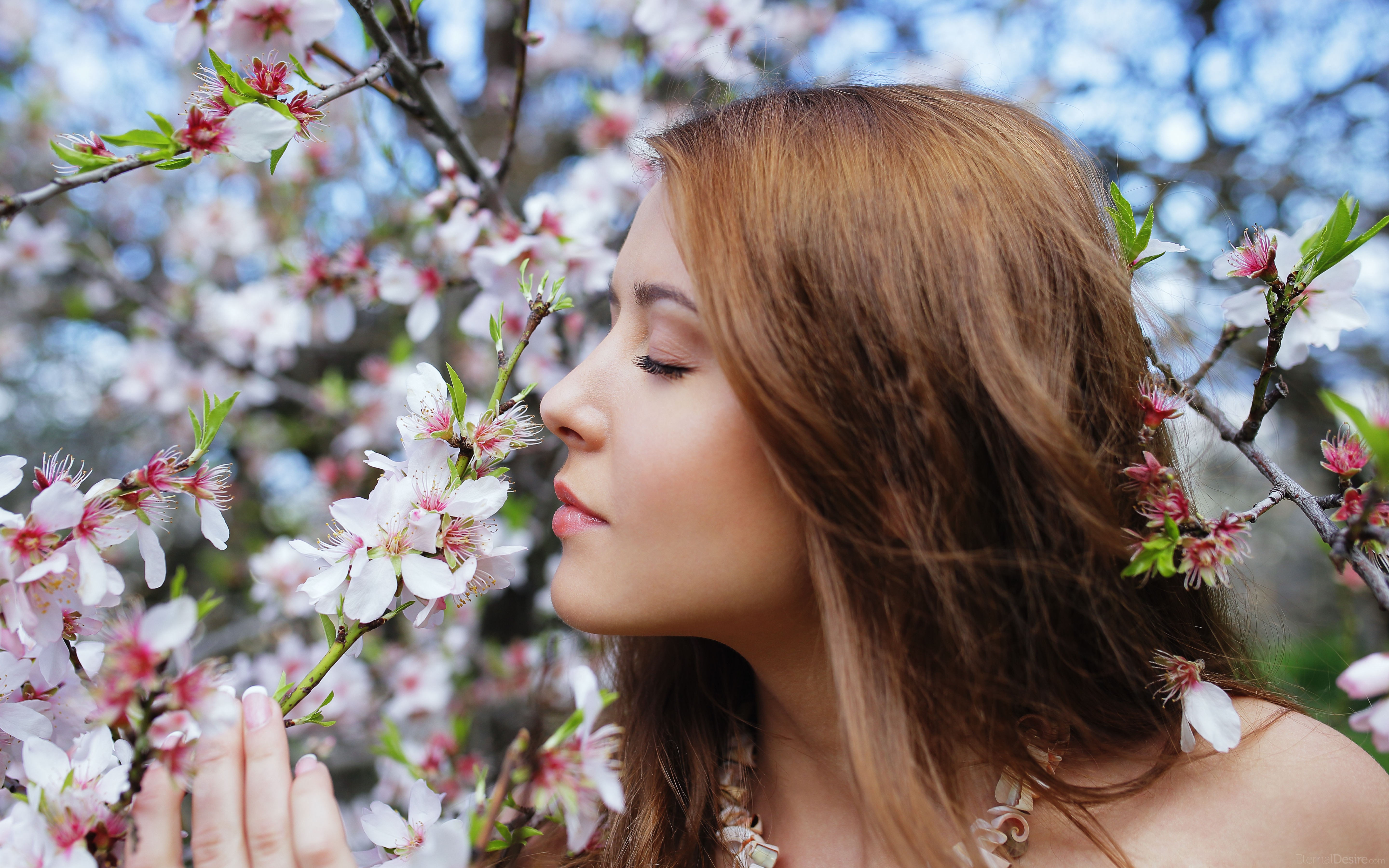 Woman smelling flowers with auburn hair HD Wallpaper