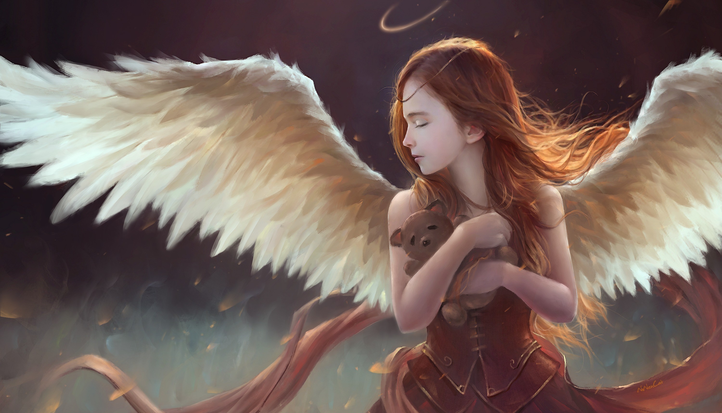 Fantasy artwork of an angel with a teddy bear HD Wallpaper