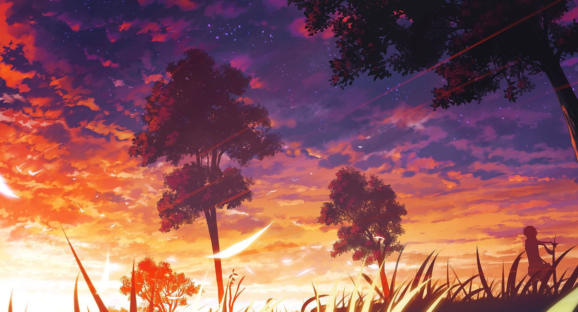Anime landscape with a sunset and trees HD Wallpaper