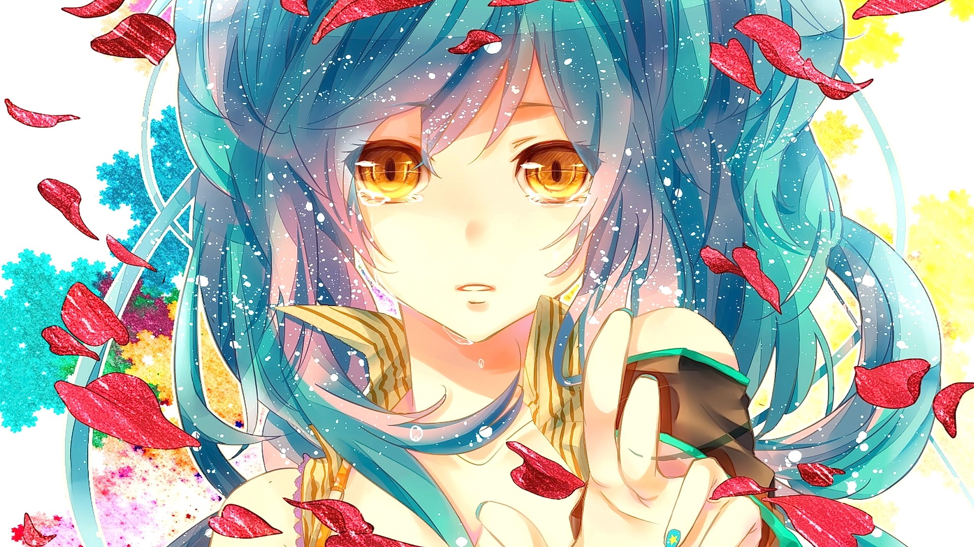 Hatsune Miku with Aqua Hair and Red Petals HD Wallpaper