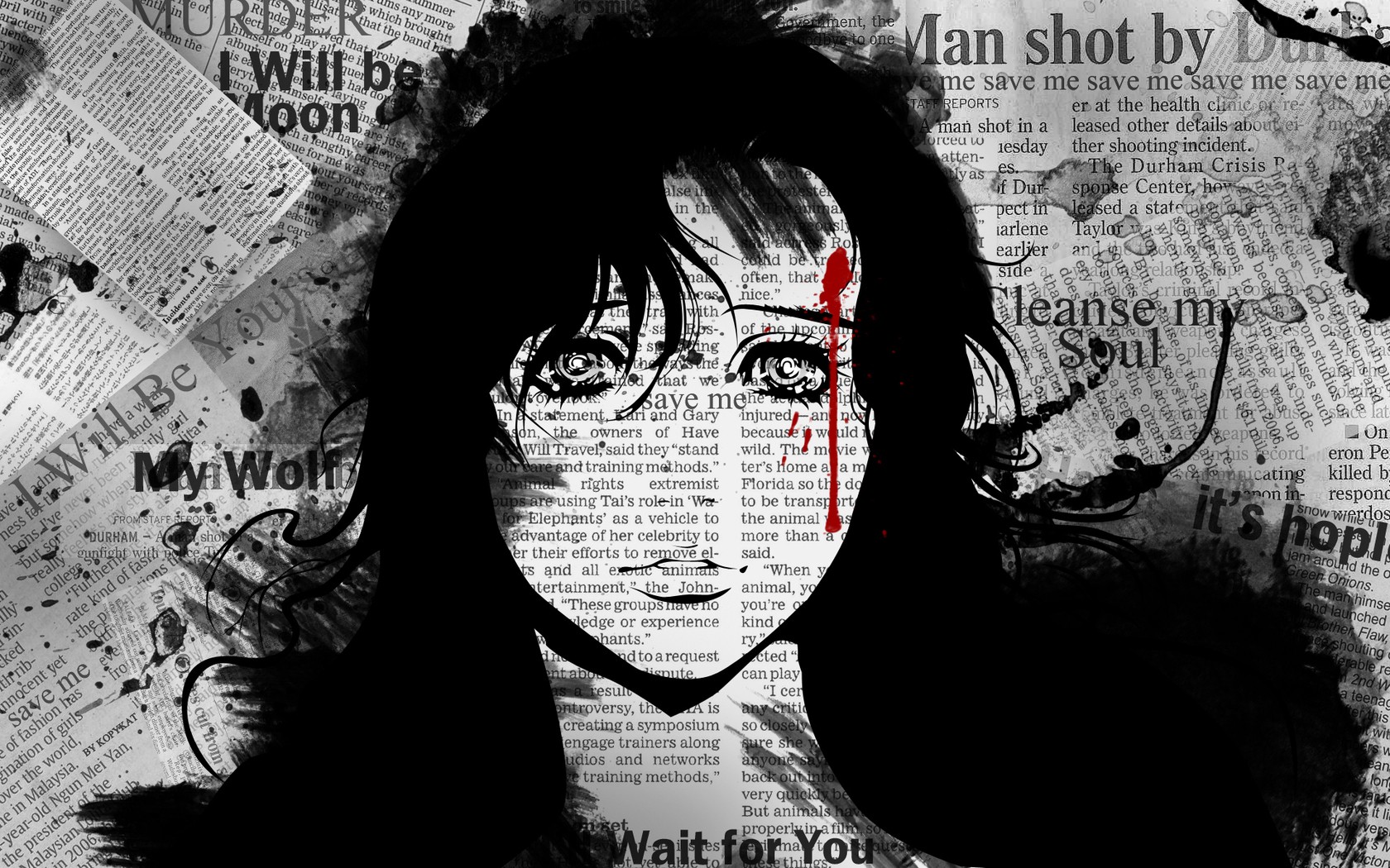 Anime Girl with Blood Splatter on Newspaper Background HD Wallpaper