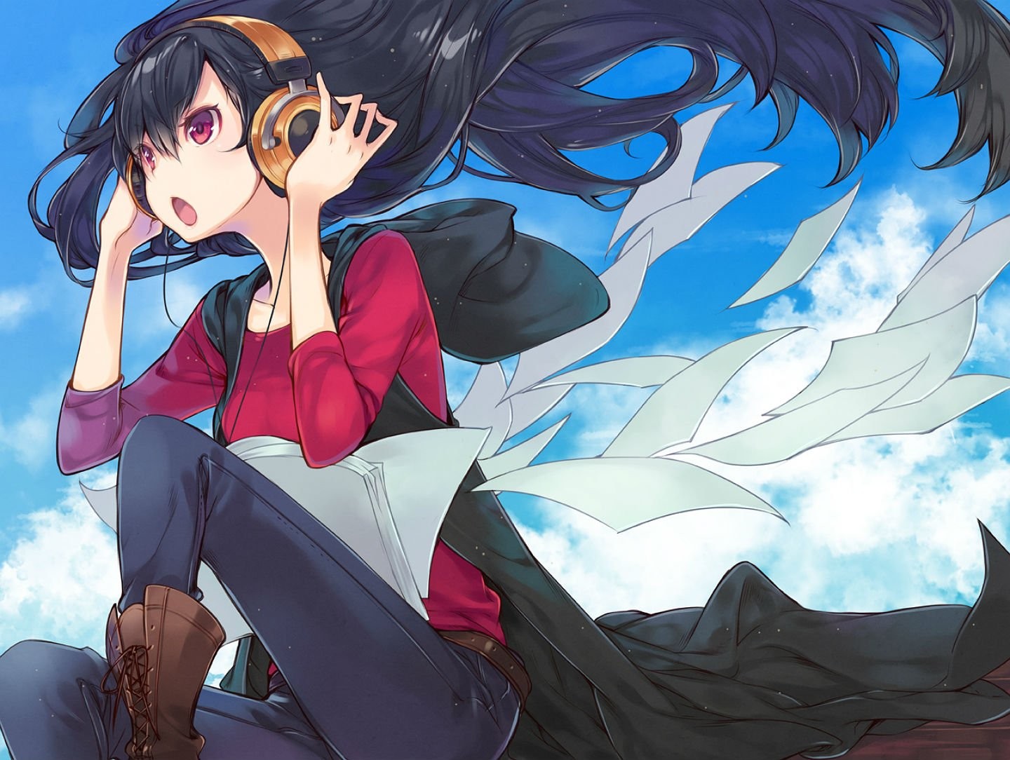 Anime girl with headphones listening to music HD Wallpaper