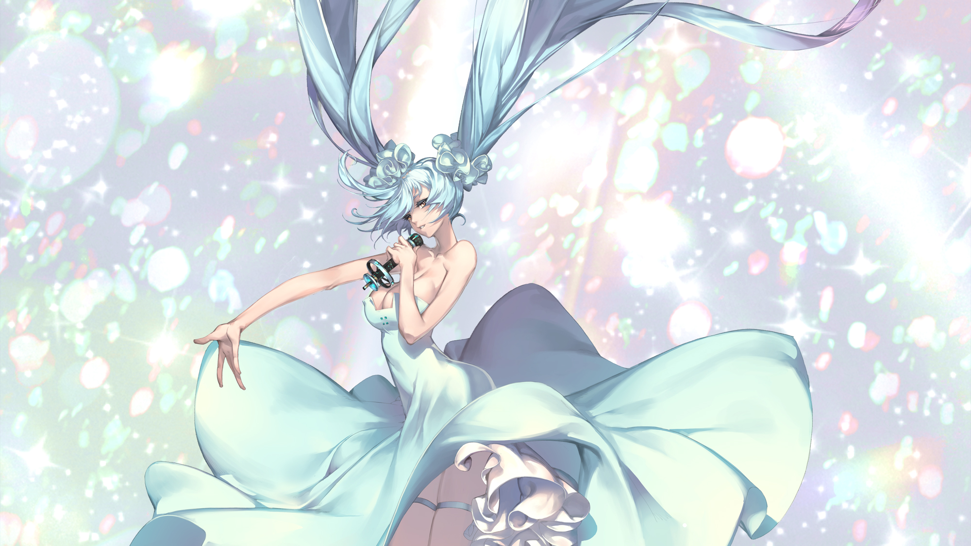 Hatsune Miku in a flowing white dress singing HD Wallpaper