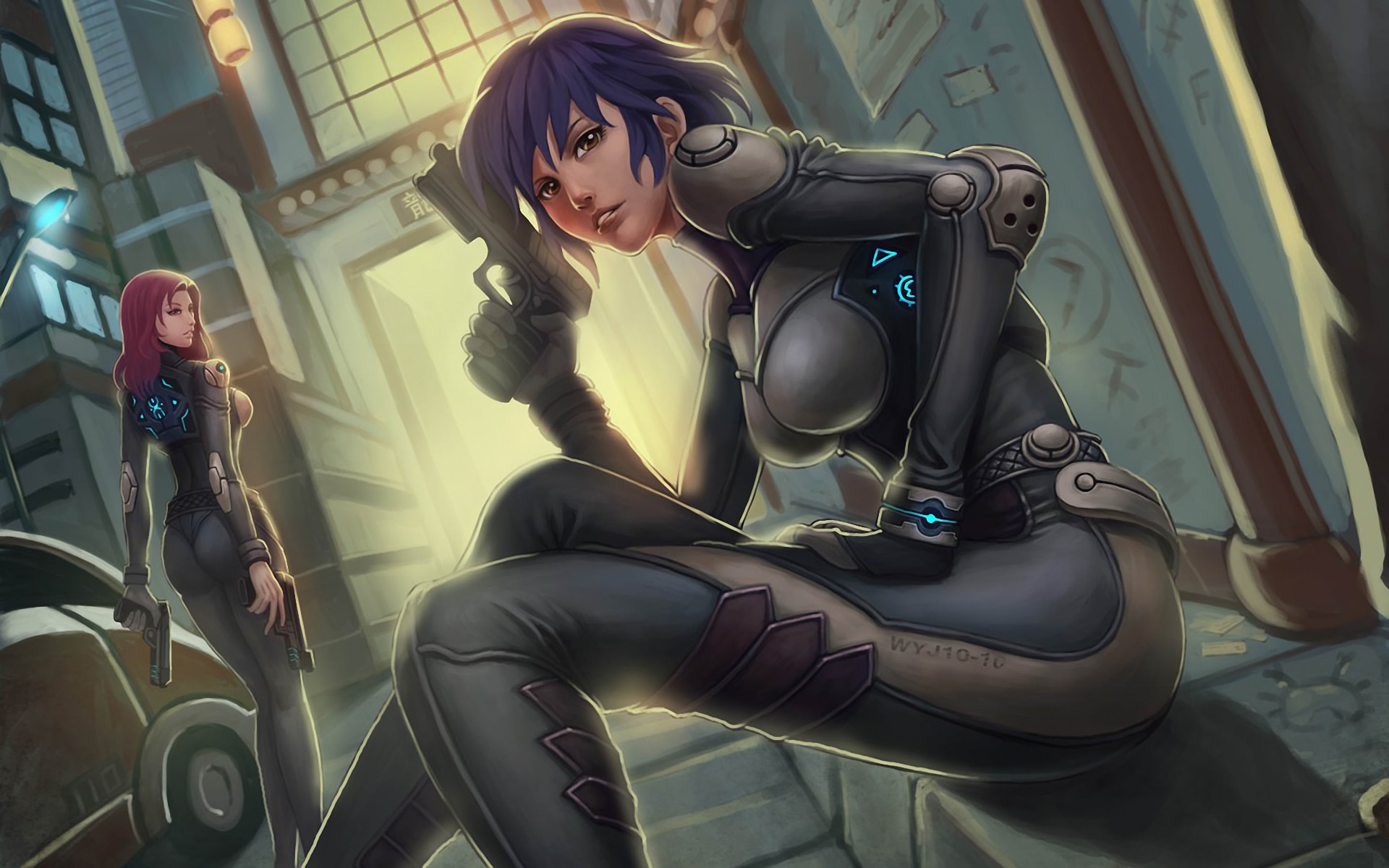 Two women in futuristic suits with guns in a city HD Wallpaper