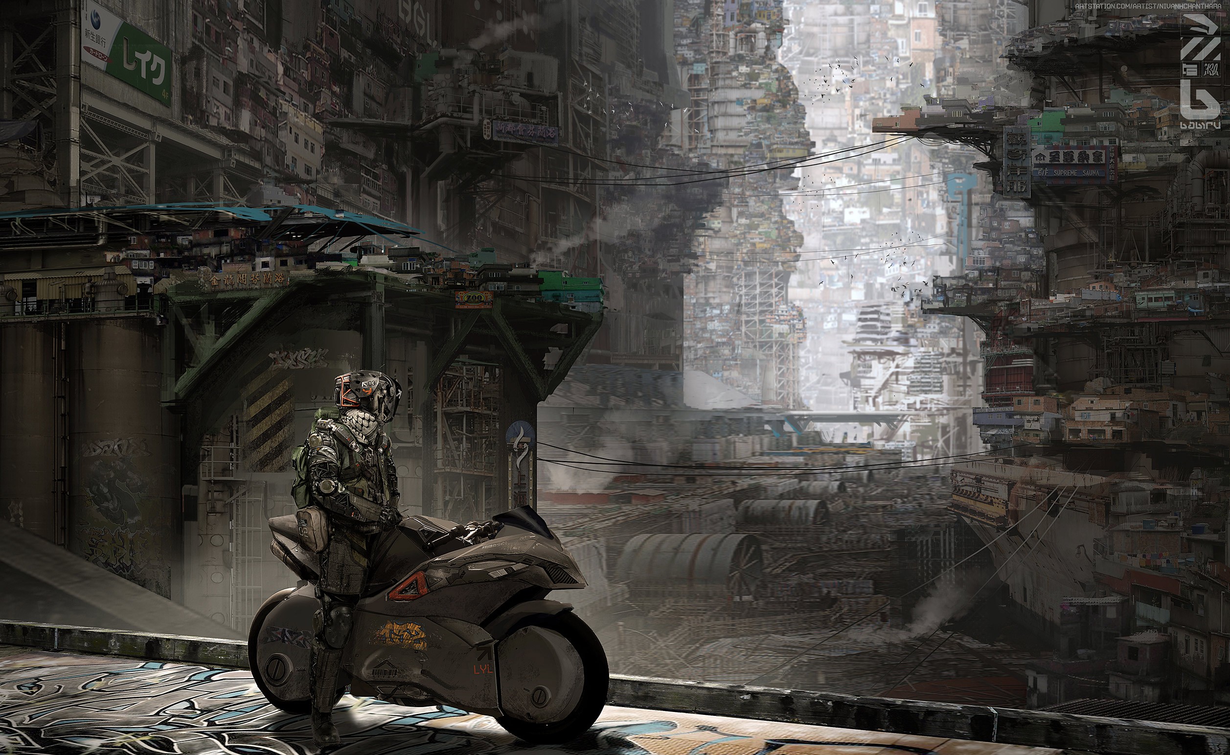 Science fiction rider on a motorcycle in a futuristic city HD Wallpaper