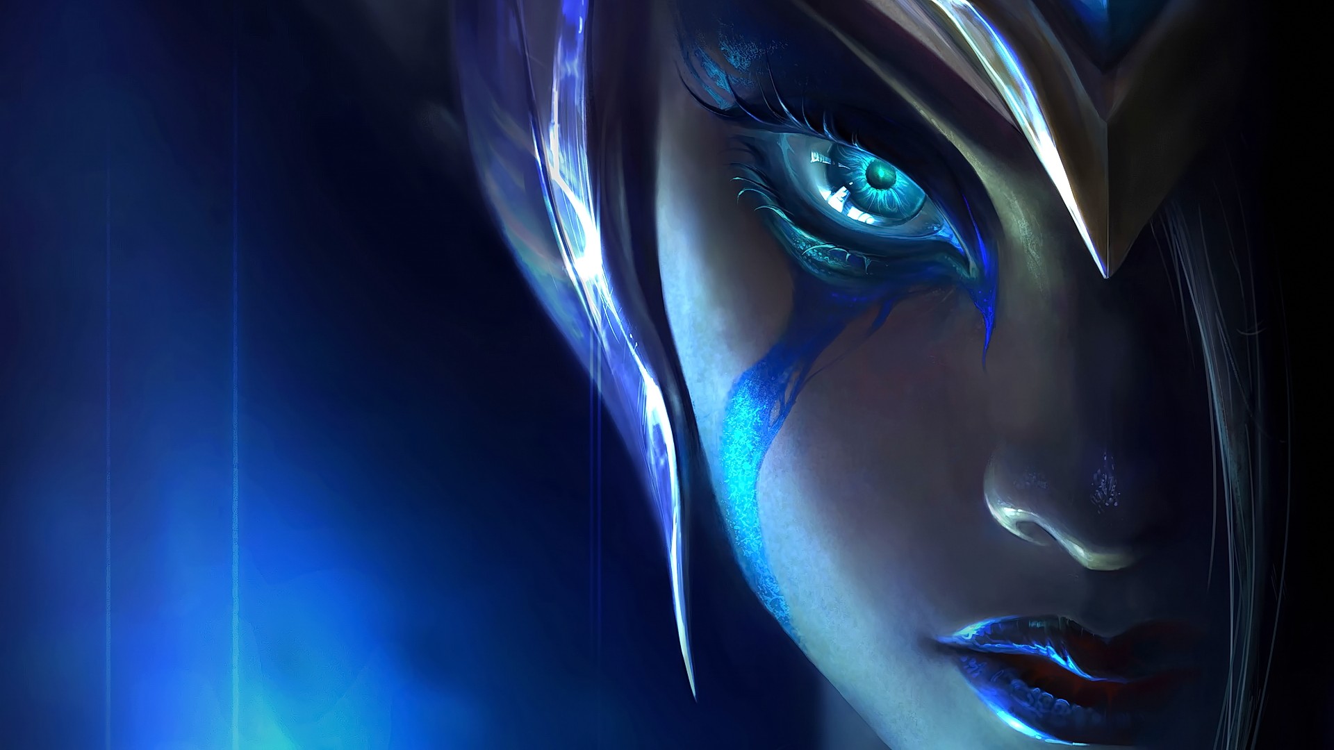 Close-up of a woman's face with blue markings HD Wallpaper