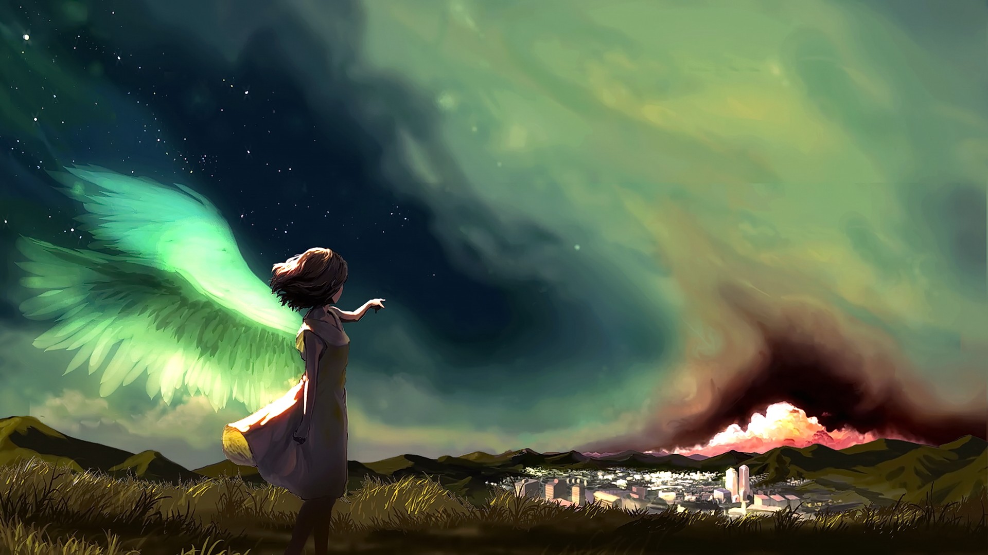 Anime girl with wings pointing at the sky HD Wallpaper