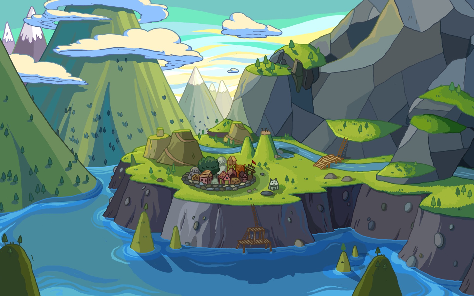 Adventure Time landscape with a small town and mountains HD Wallpaper