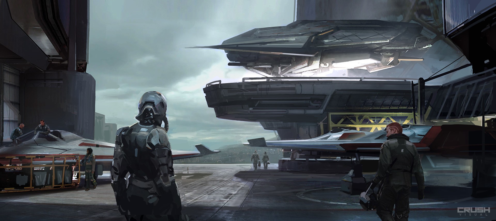 Science fiction artwork of a spaceship hangar HD Wallpaper