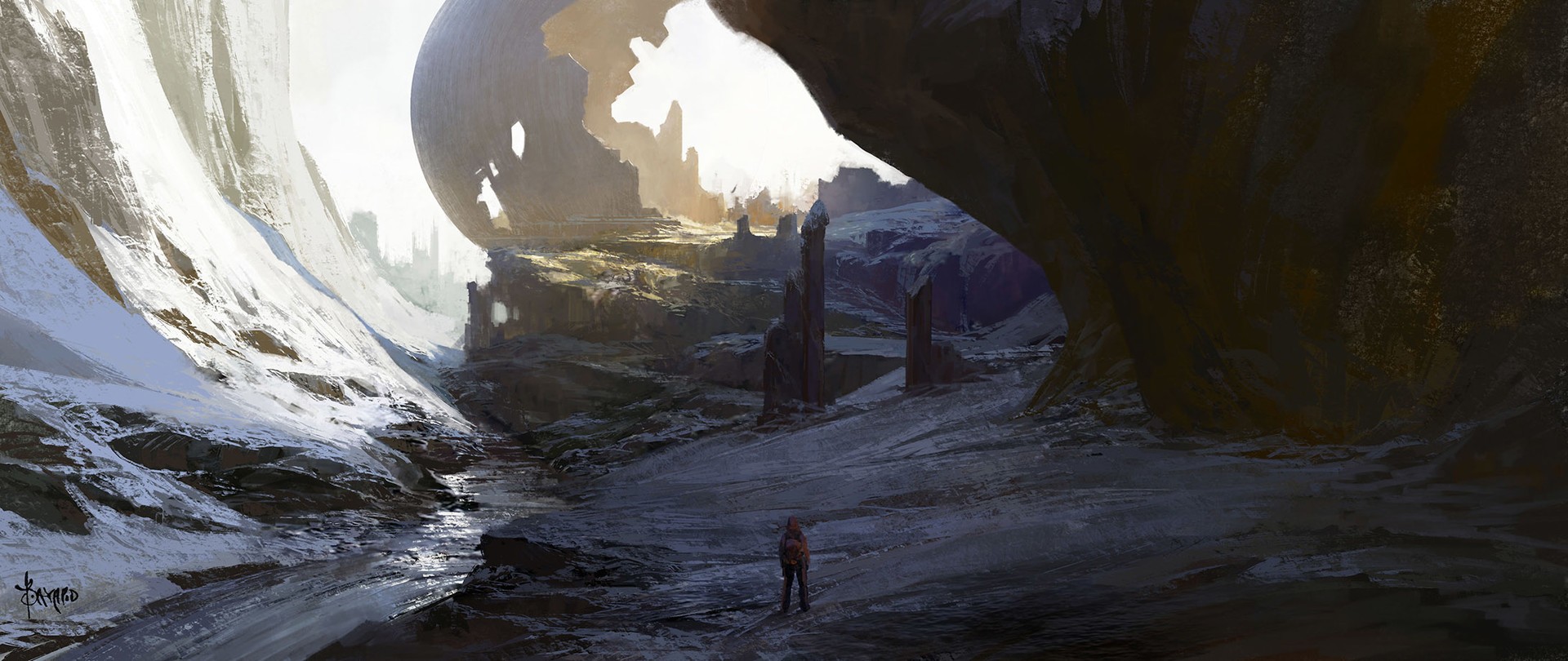 Science fiction landscape with a lone figure HD Wallpaper