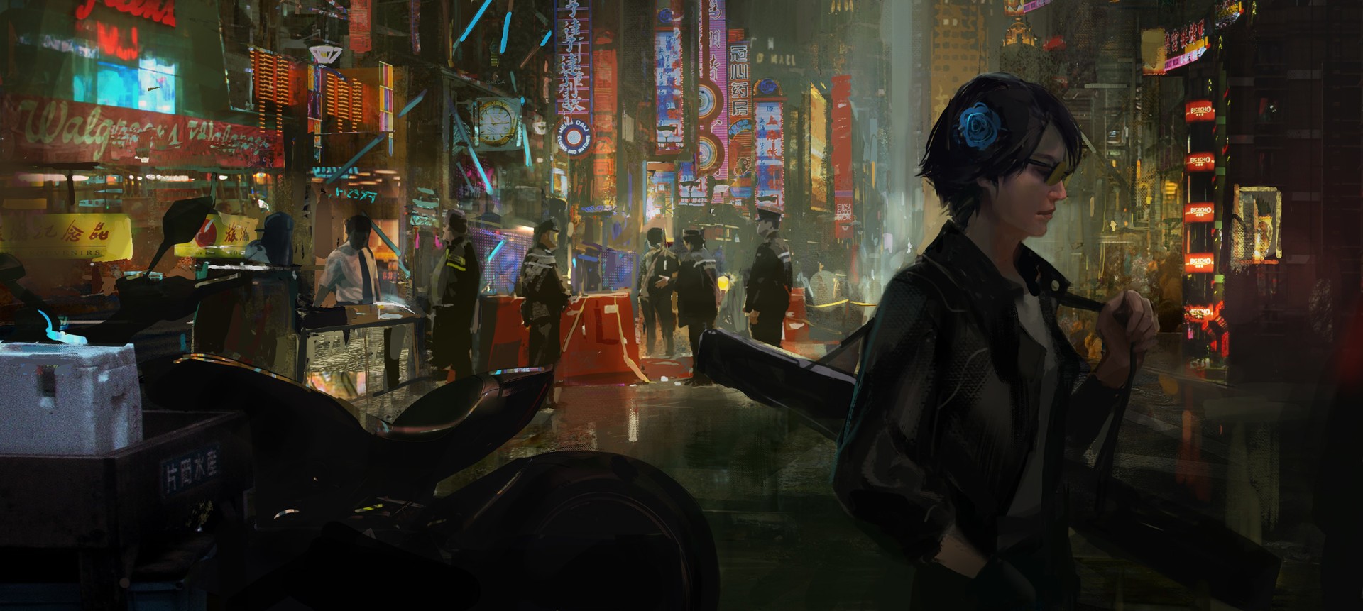 Cyberpunk city street with a woman in the foreground HD Wallpaper