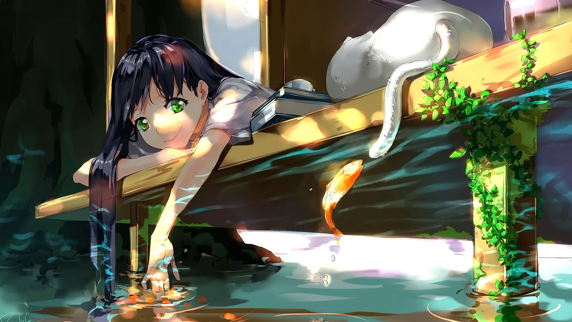 Anime girl with black hair and green eyes by the water HD Wallpaper