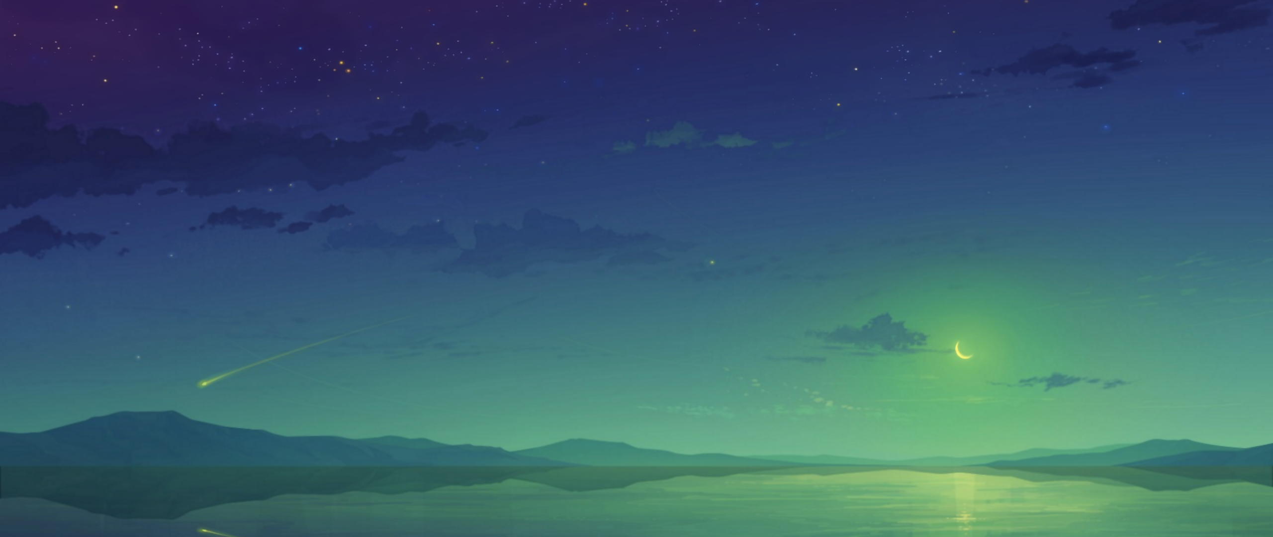 Night sky with a shooting star over a lake HD Wallpaper