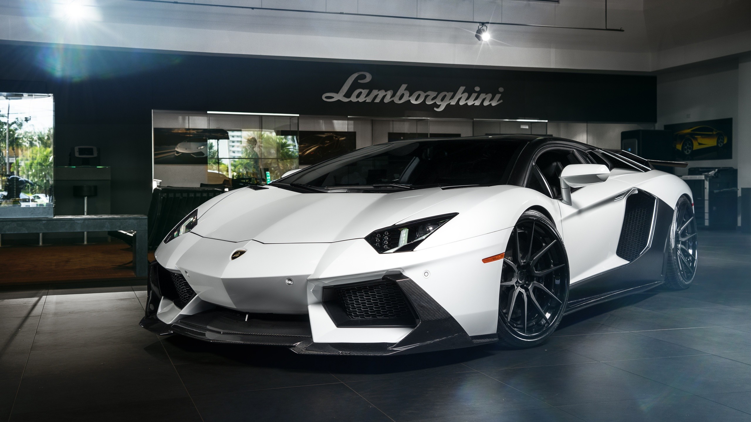 White Lamborghini Aventador in Showroom HD Wallpaper