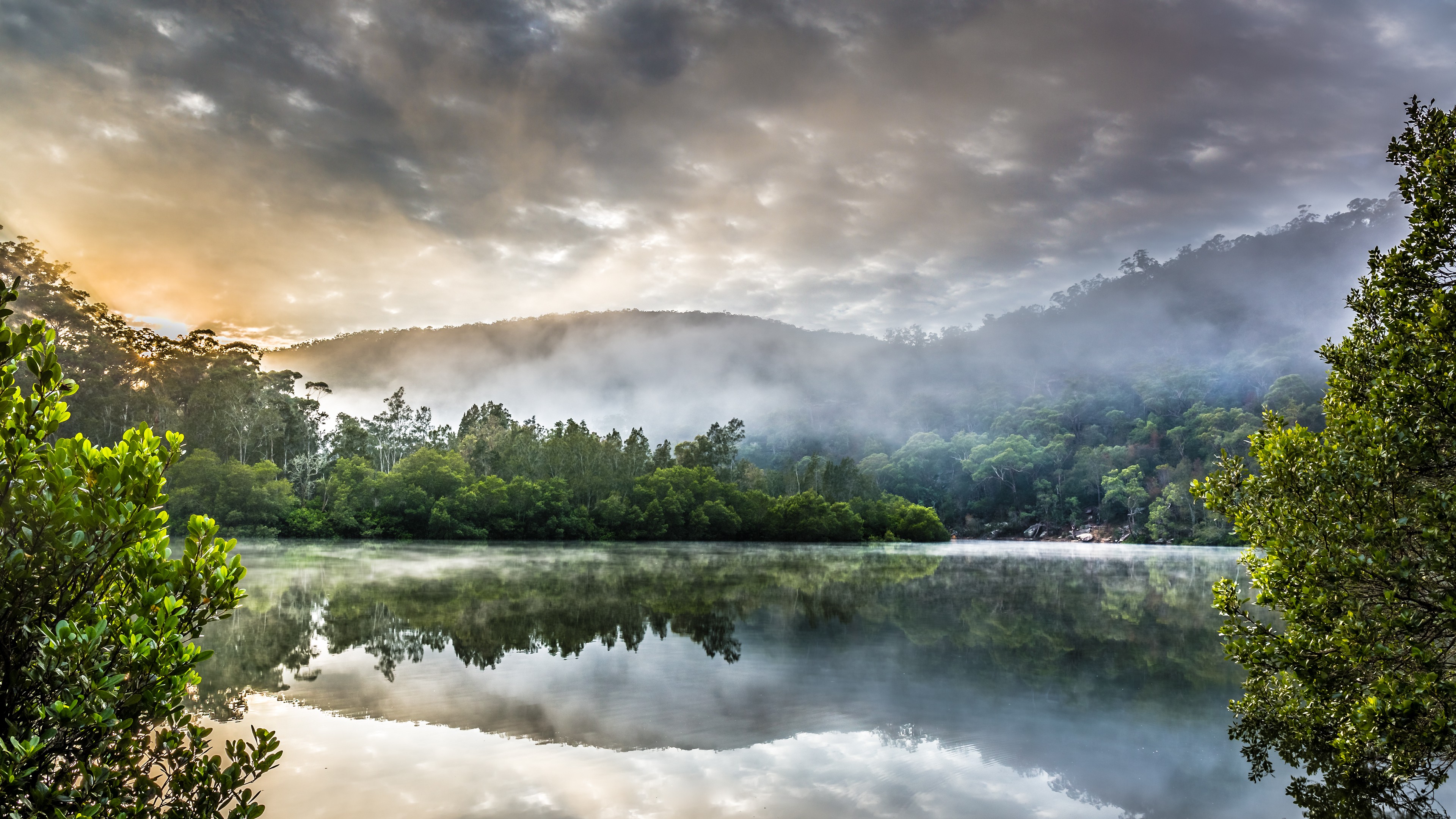 Misty lake with trees and clouds HD Wallpaper