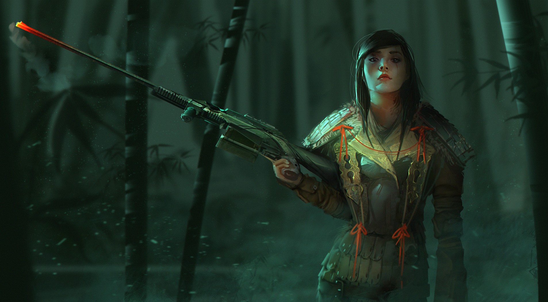Woman with a rifle in a bamboo forest HD Wallpaper