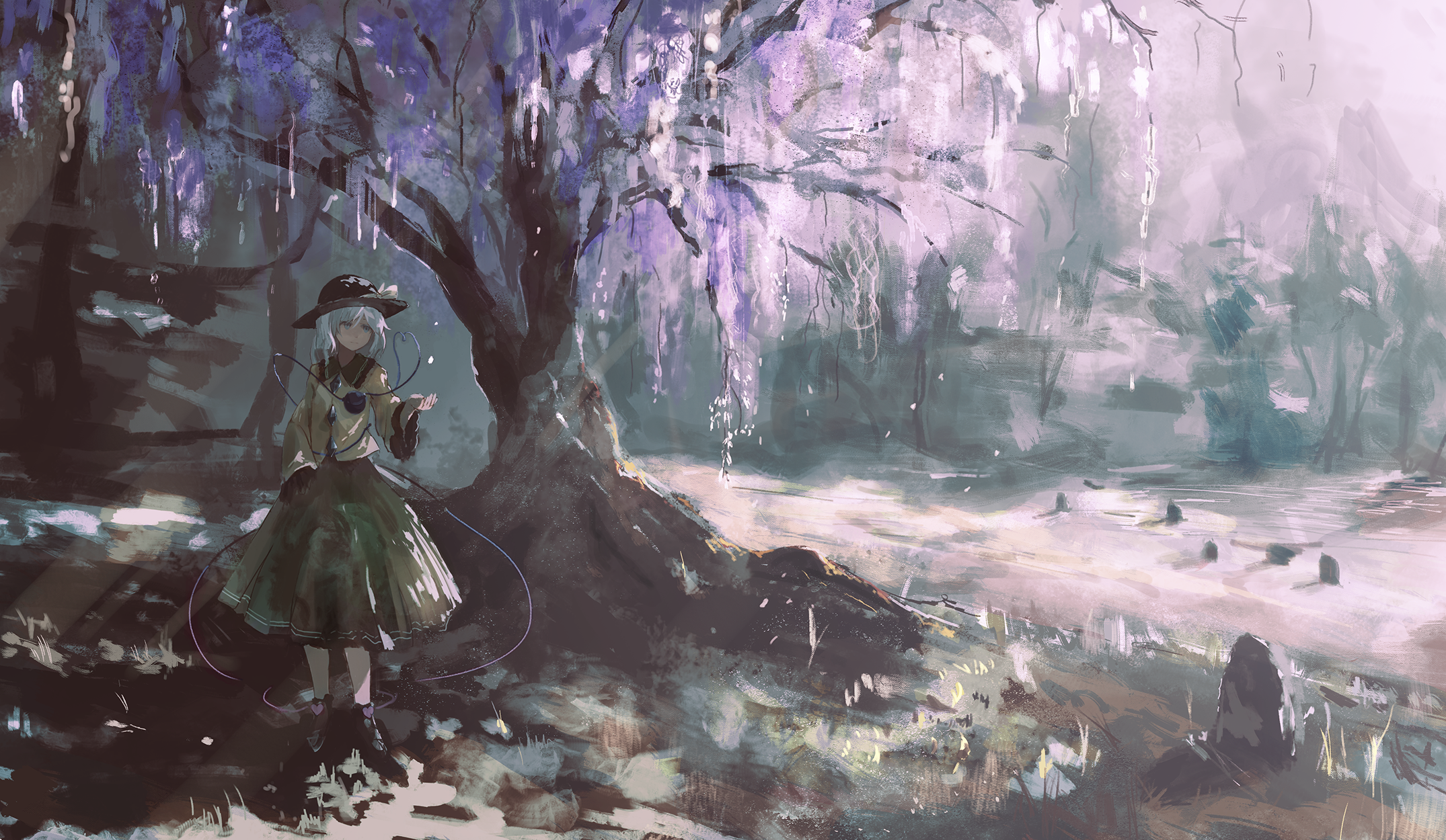Komeiji Koishi under a wisteria tree HD Wallpaper