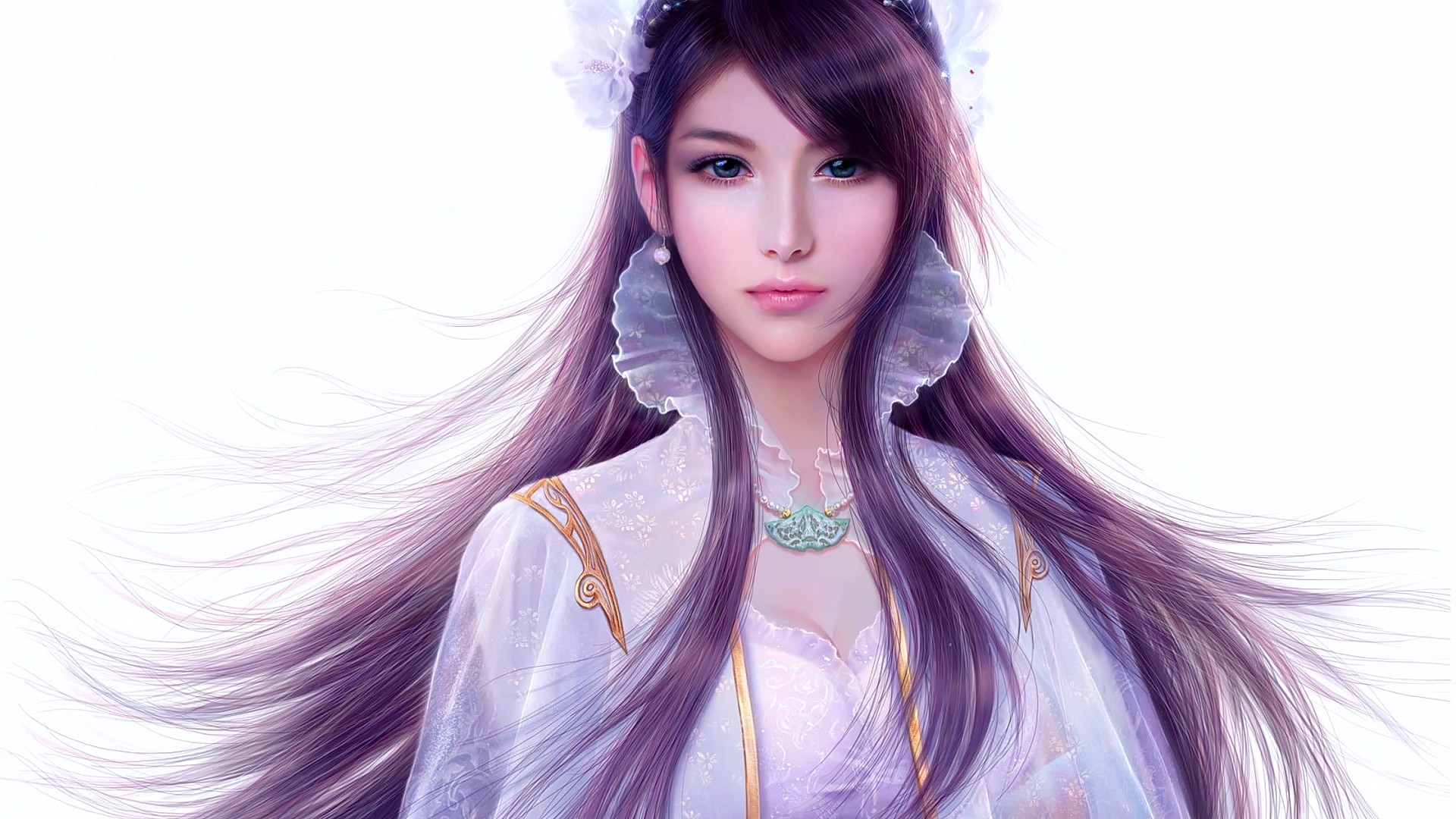 Asian woman with long purple hair and ornate clothing HD Wallpaper