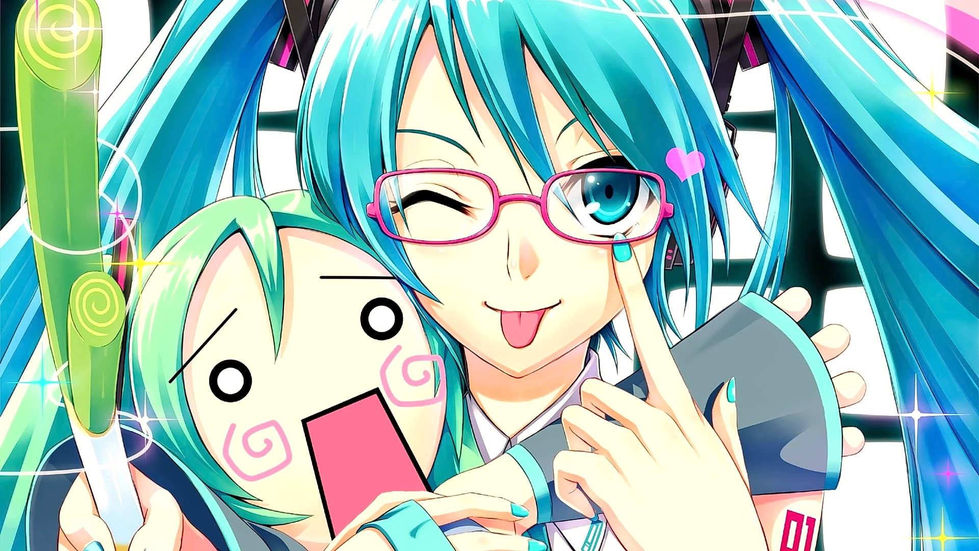 Hatsune Miku with a surprised friend HD Wallpaper