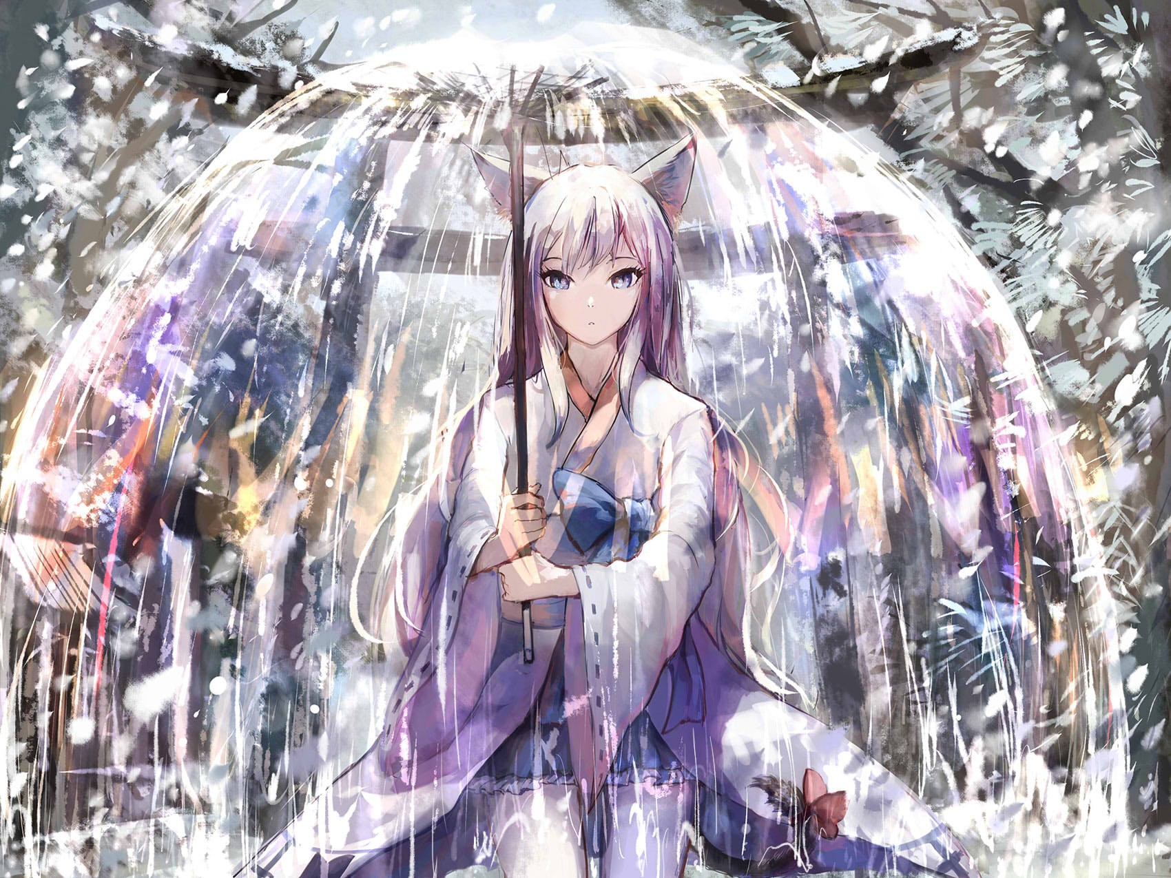 Anime girl with fox ears under an umbrella in snow HD Wallpaper