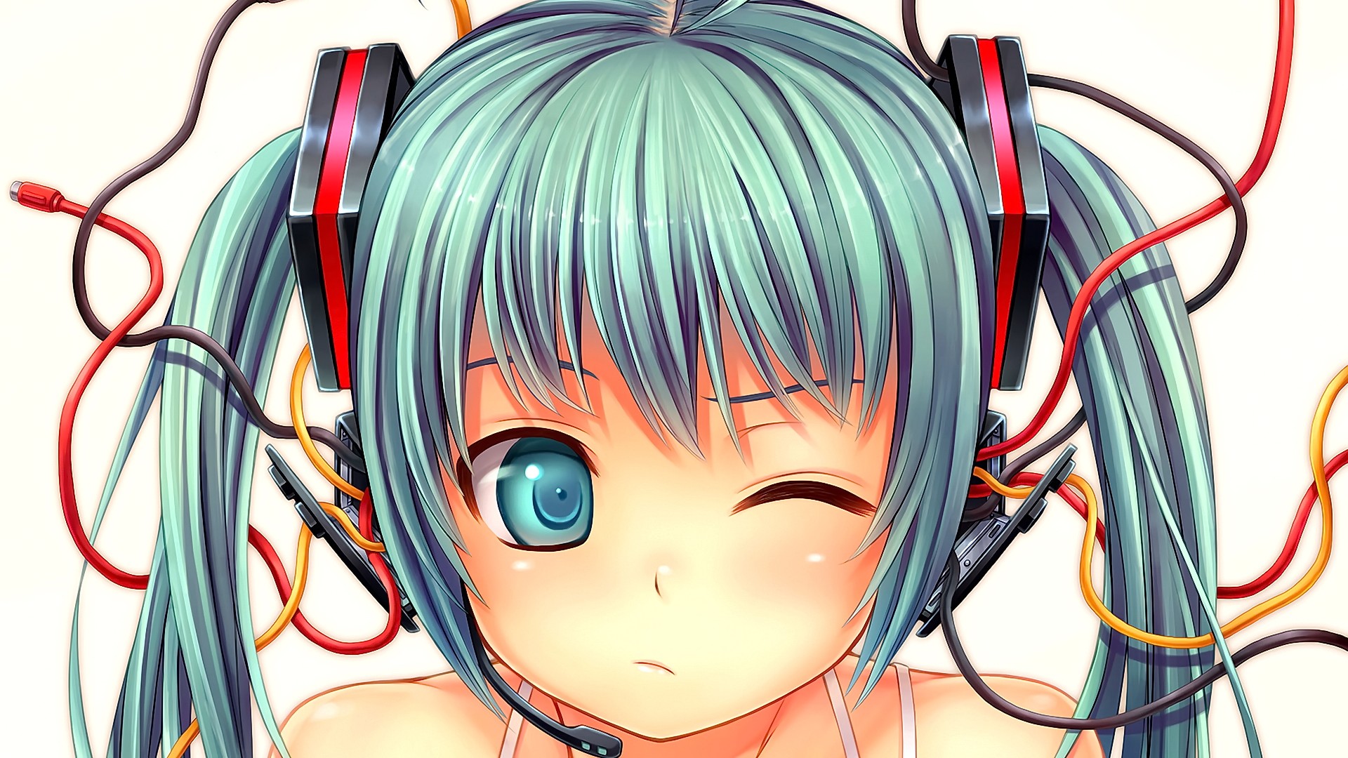 Hatsune Miku with headphones and wires HD Wallpaper