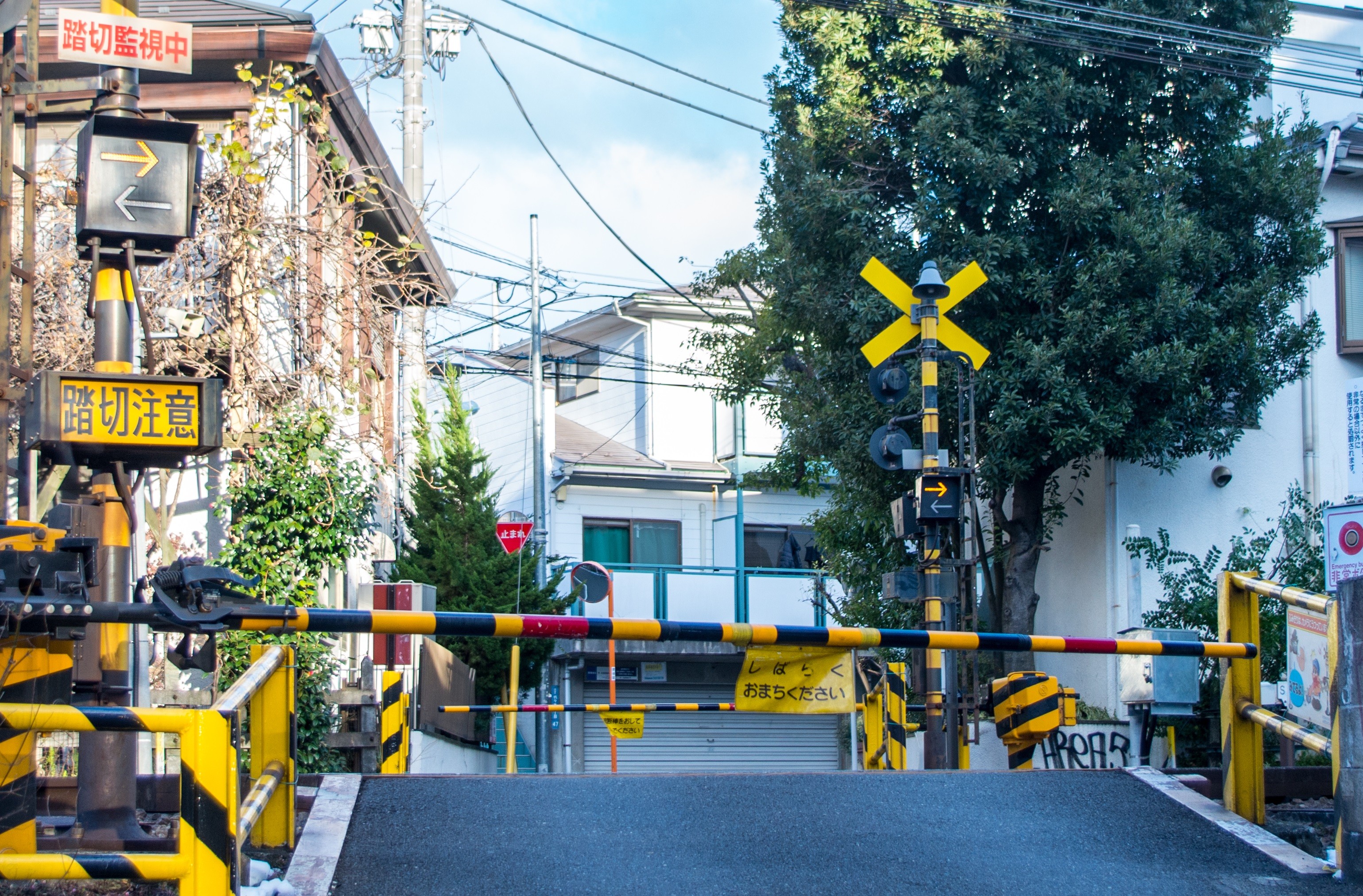 Railroad crossing with barriers in Japan HD Wallpaper