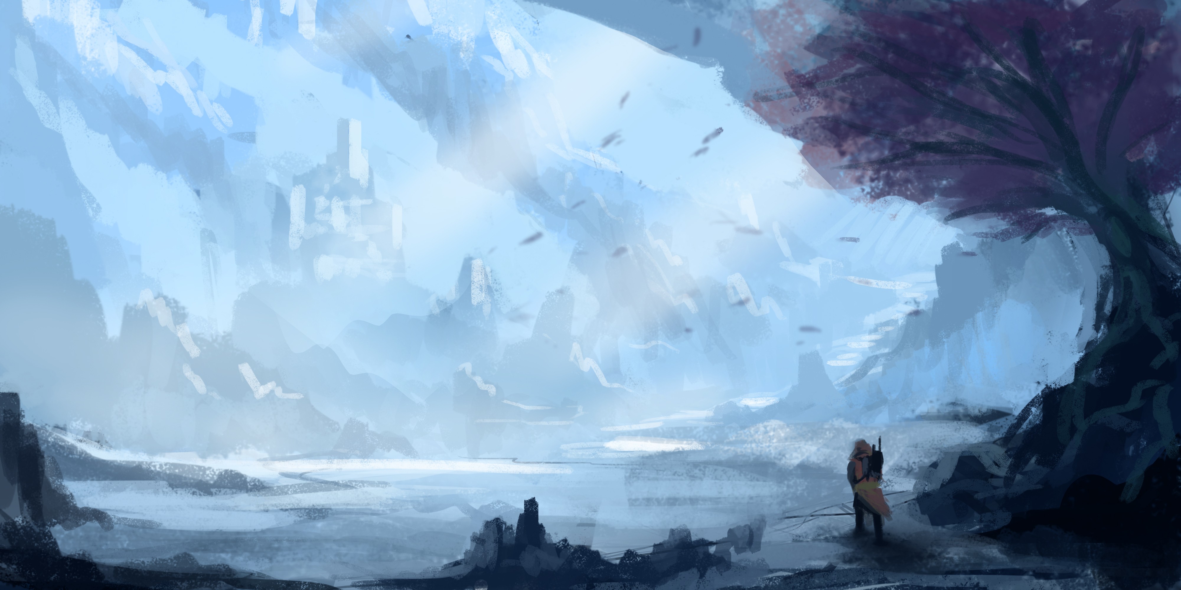 Fantasy landscape with a lone traveler HD Wallpaper
