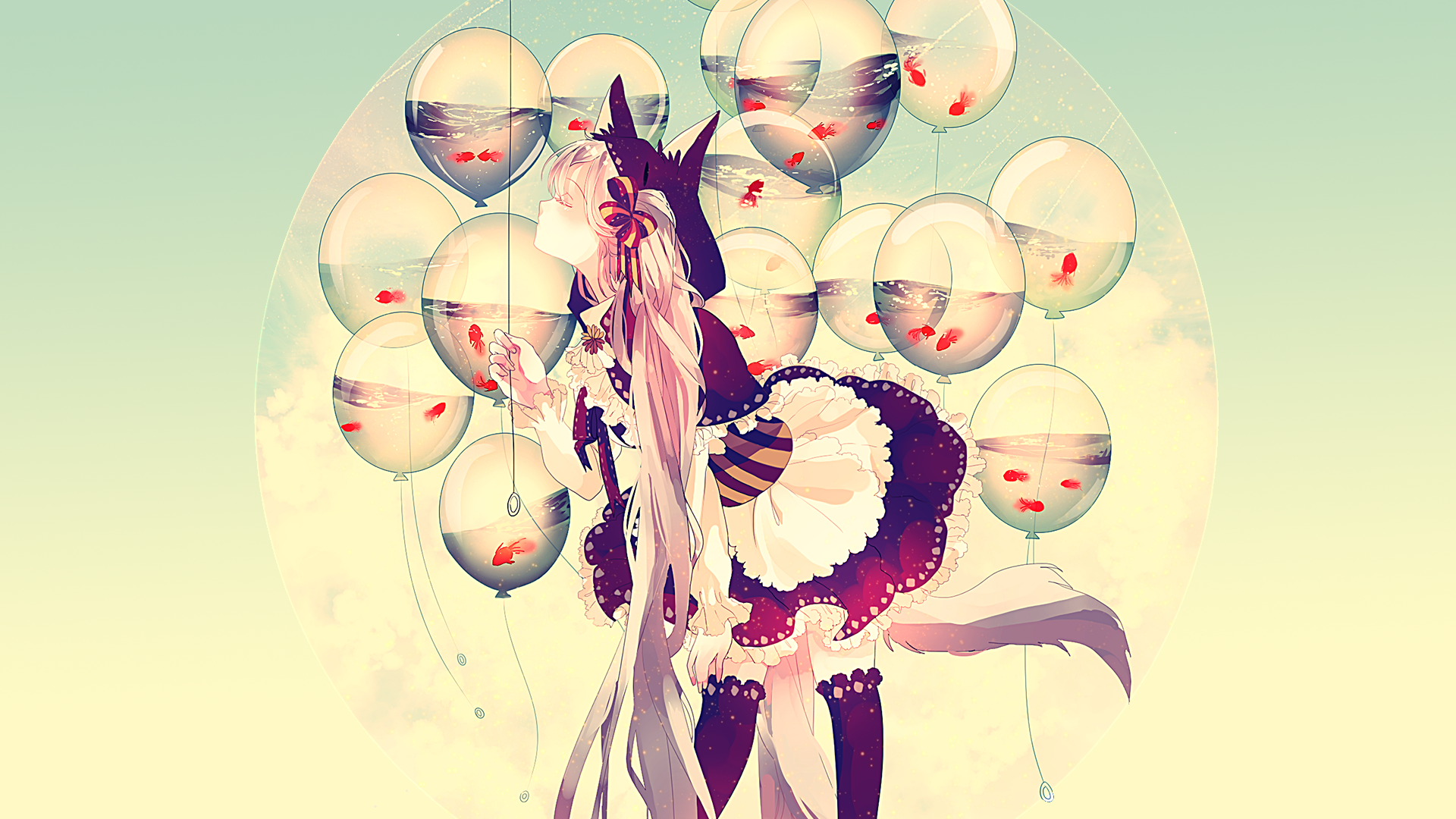 Anime girl with balloons filled with goldfish HD Wallpaper