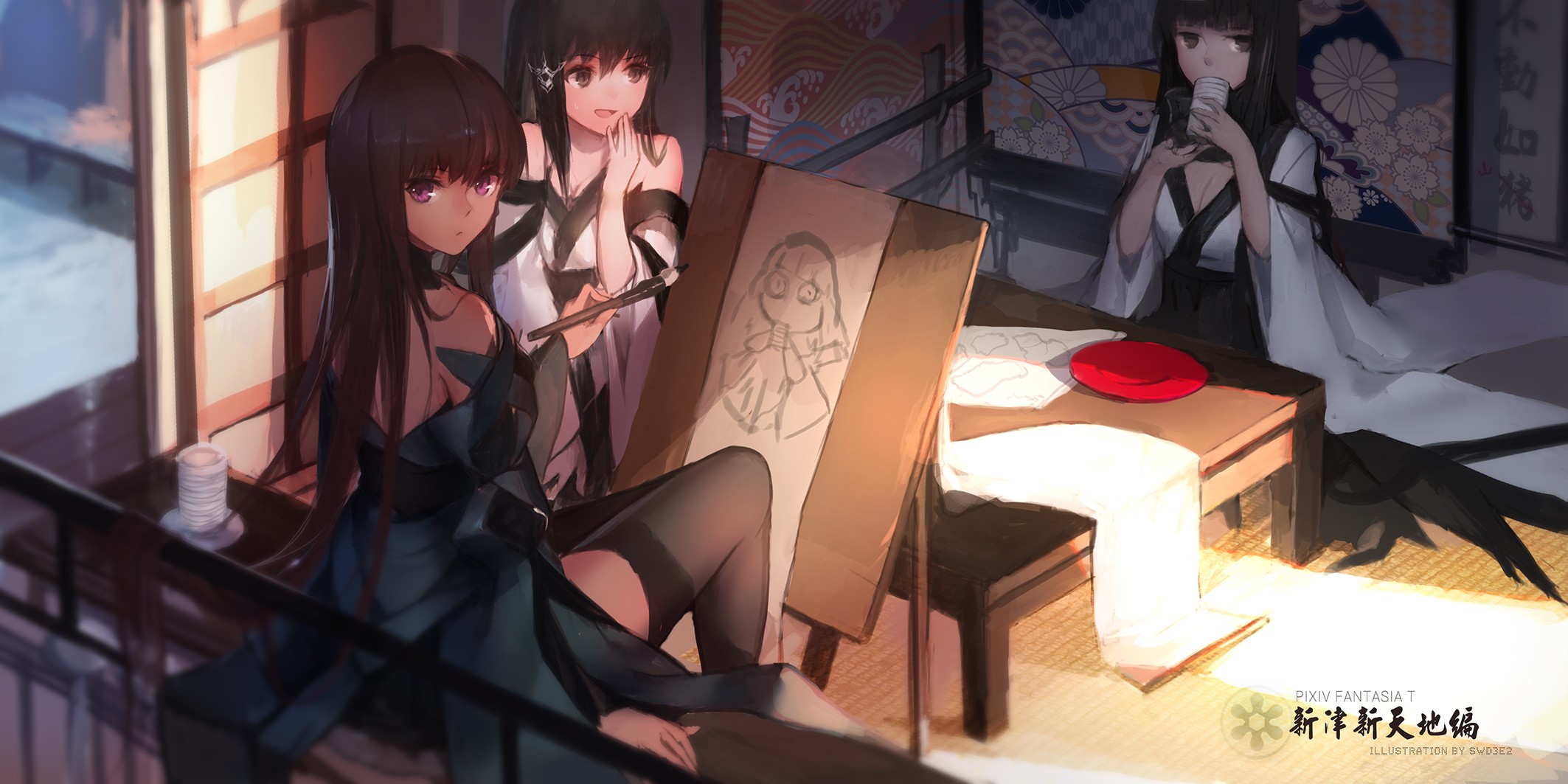 Pixiv Fantasia: Three anime girls in Japanese clothes painting HD Wallpaper