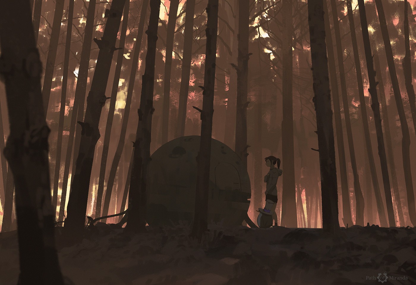 Anime girl and sphere in a dark forest HD Wallpaper