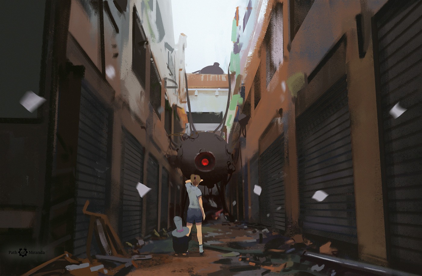 Girl and robot in a destroyed alleyway HD Wallpaper