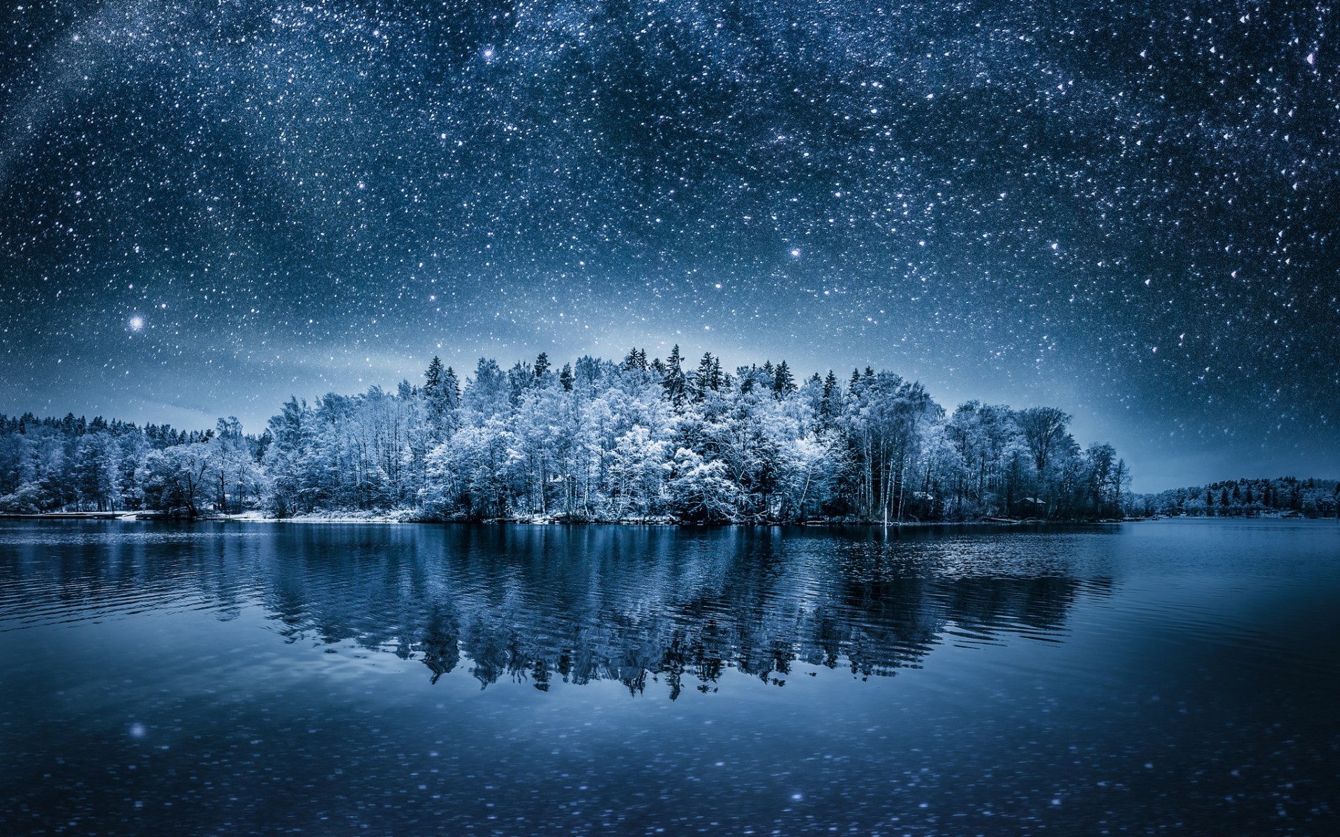 Winter forest reflected in a starry night lake HD Wallpaper
