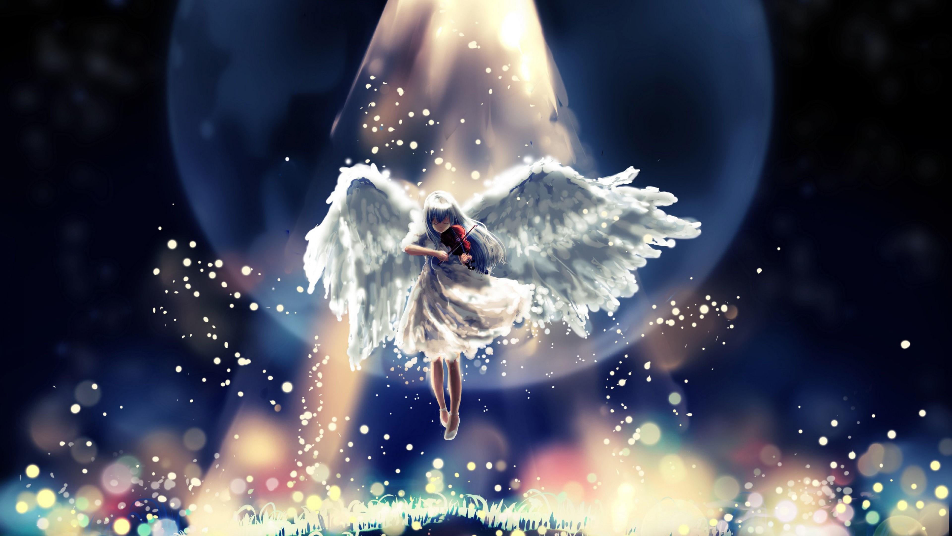 Angel playing violin under spotlight HD Wallpaper