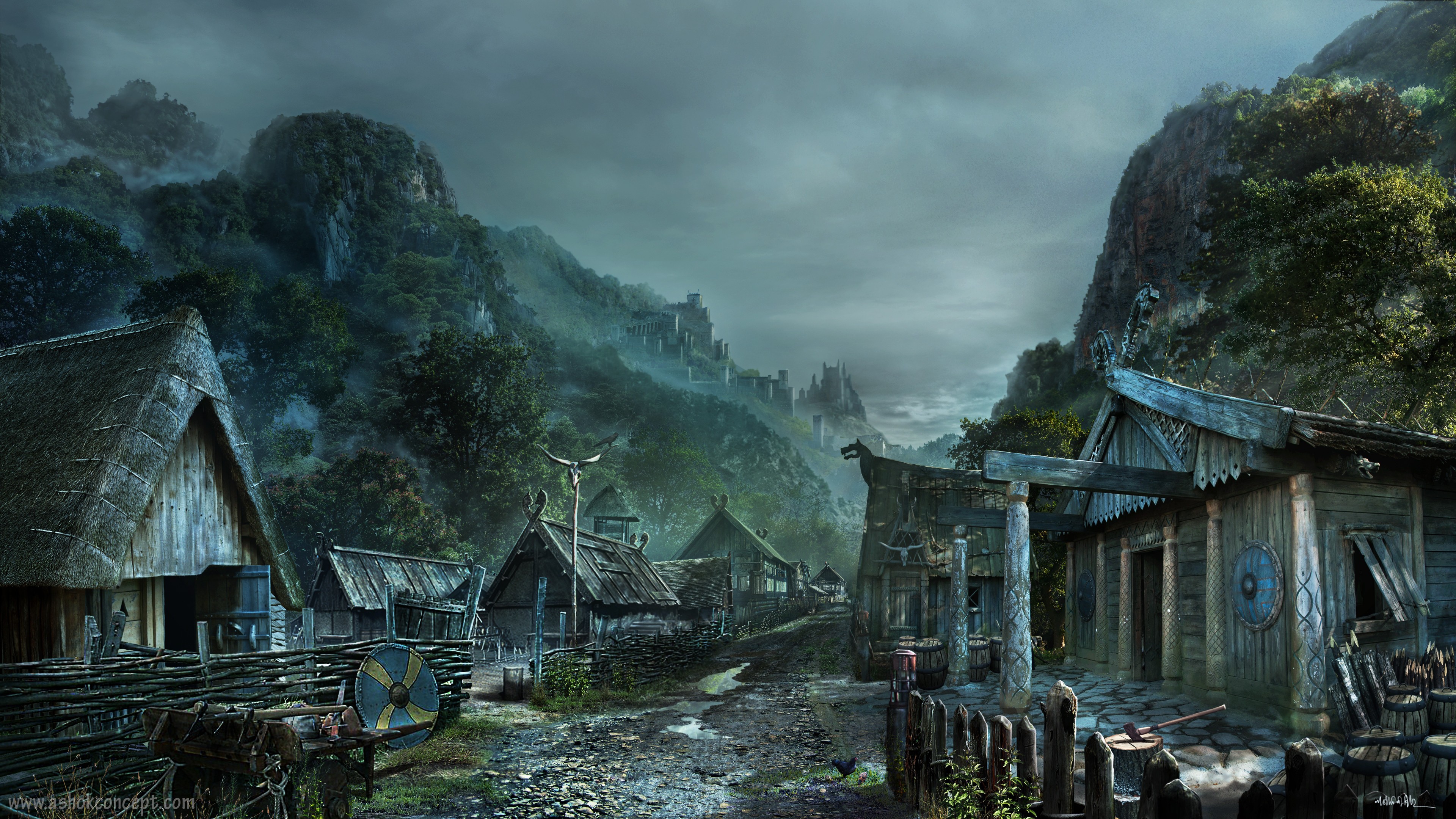 Viking village nestled in a misty mountain valley HD Wallpaper