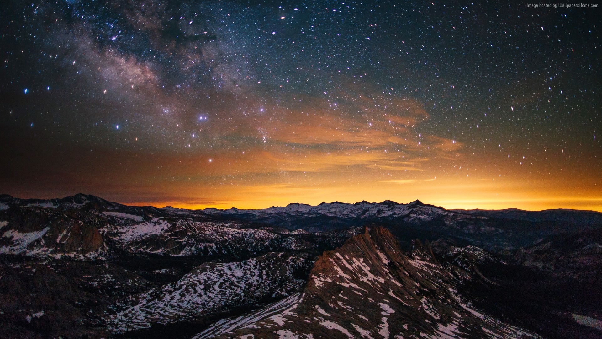 Milky Way over snow-capped mountains HD Wallpaper