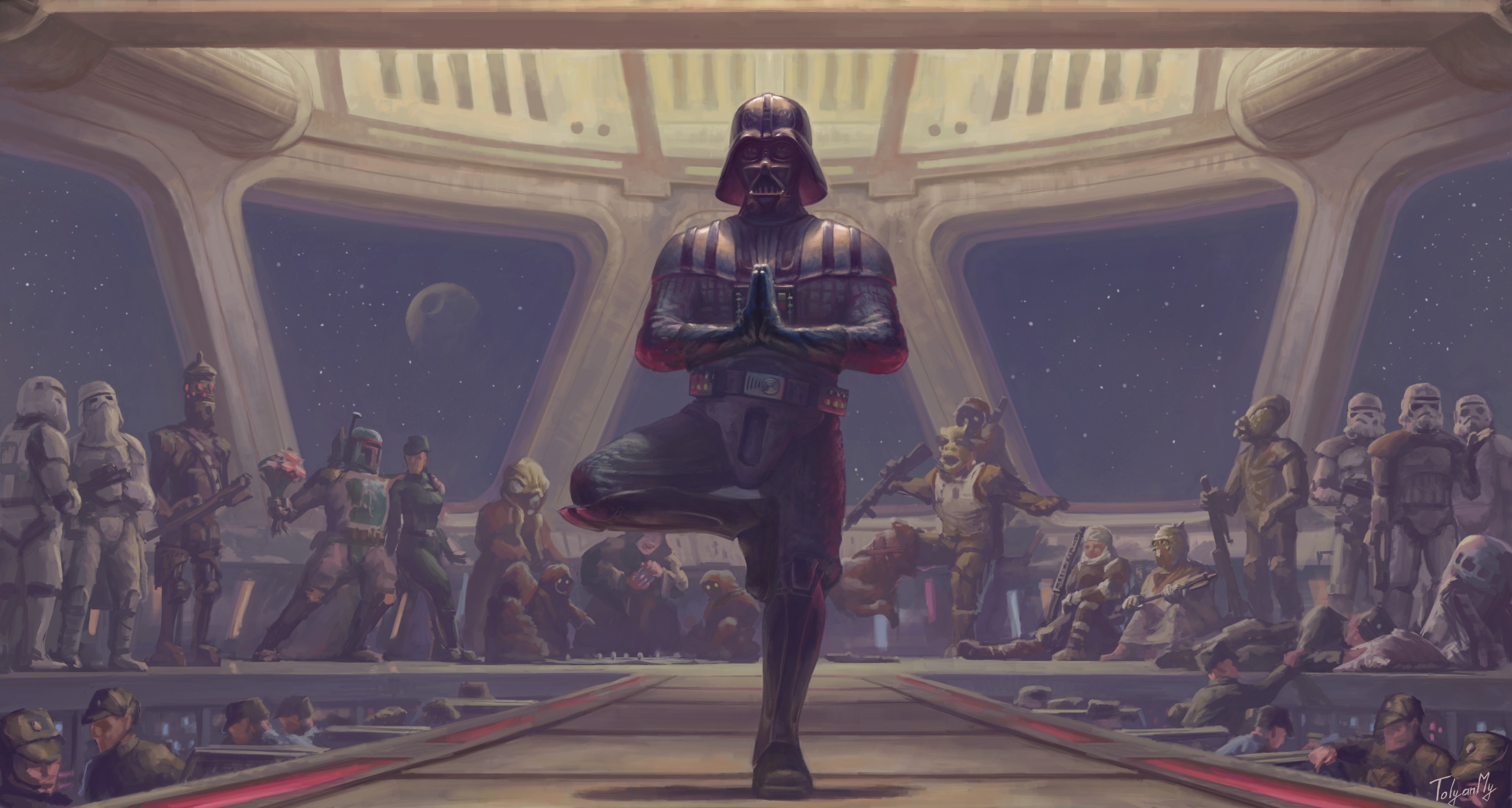 Darth Vader meditating with Star Wars characters watching HD Wallpaper