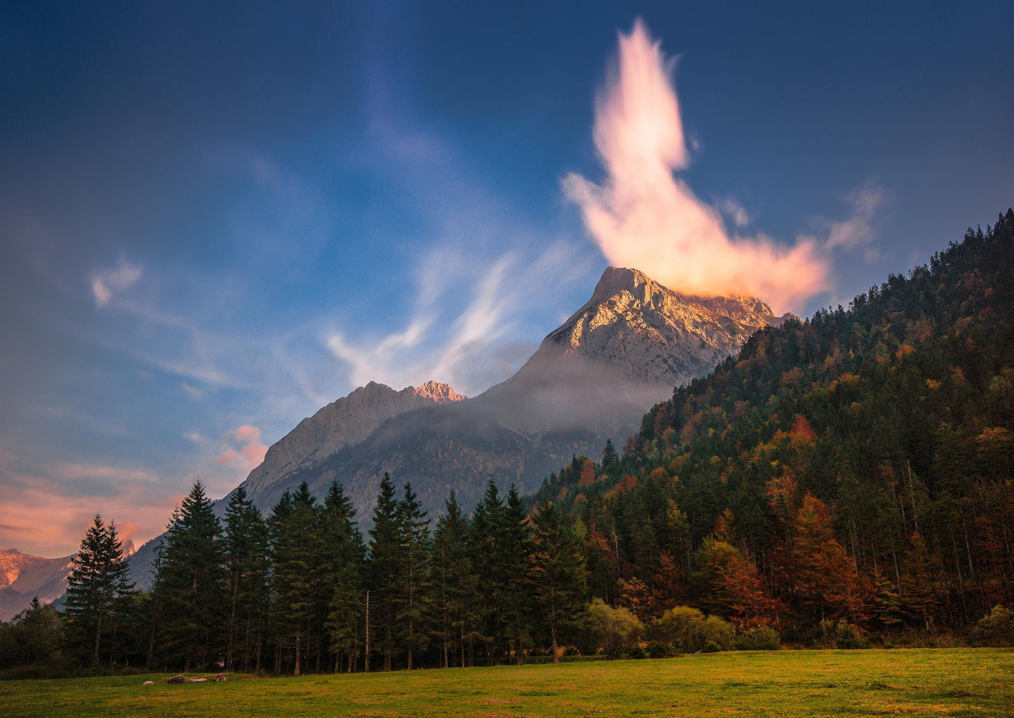 Mountain peak with clouds and autumn forest HD Wallpaper