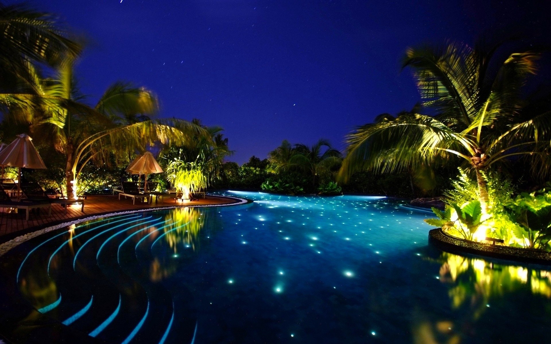 Tropical resort pool at night with palm trees and stars HD Wallpaper