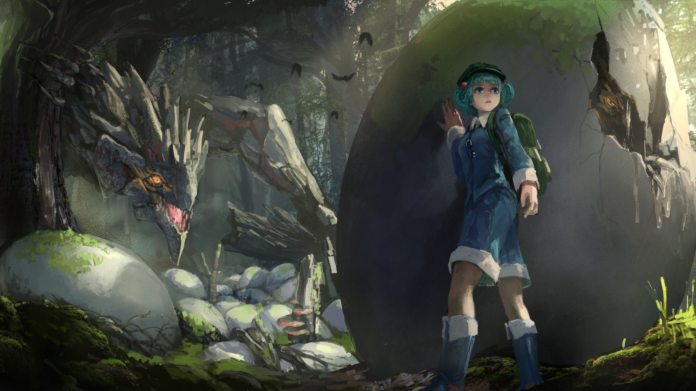 Kawashiro Nitori and a dragon near a cracked egg HD Wallpaper