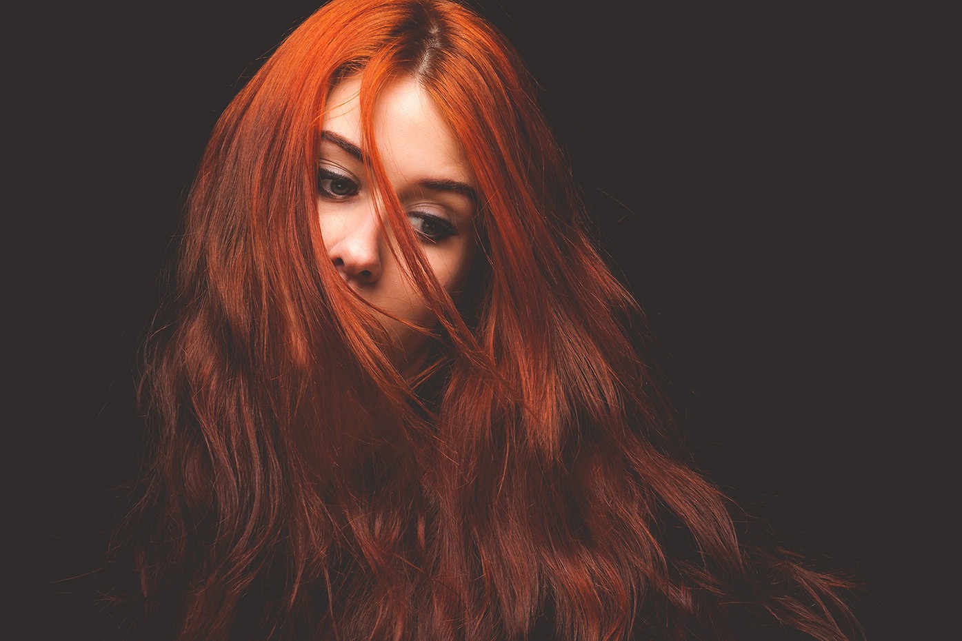 Redhead woman with hair covering her face HD Wallpaper