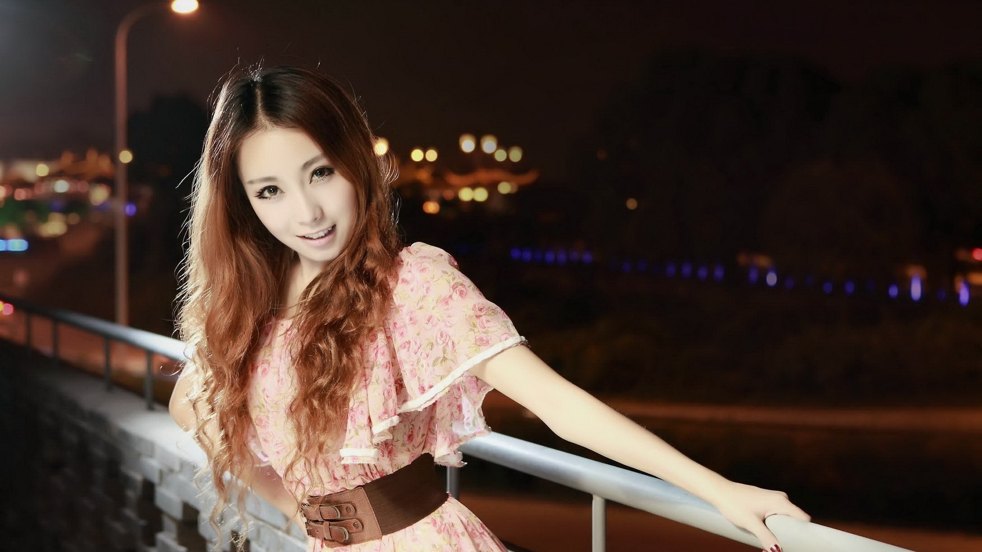 Asian woman in a floral dress at night HD Wallpaper