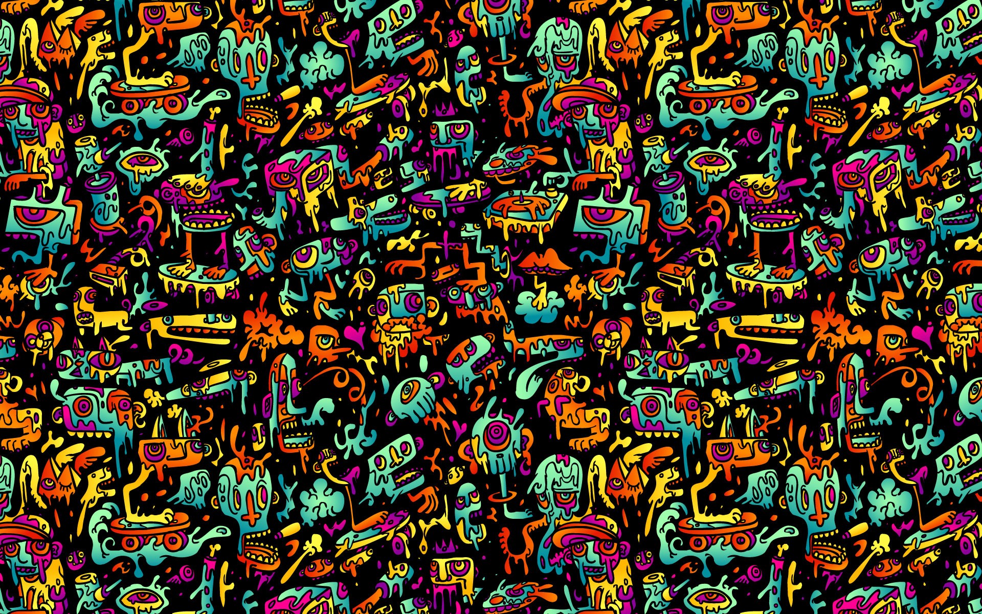 Abstract colorful doodle art with cartoon characters HD Wallpaper