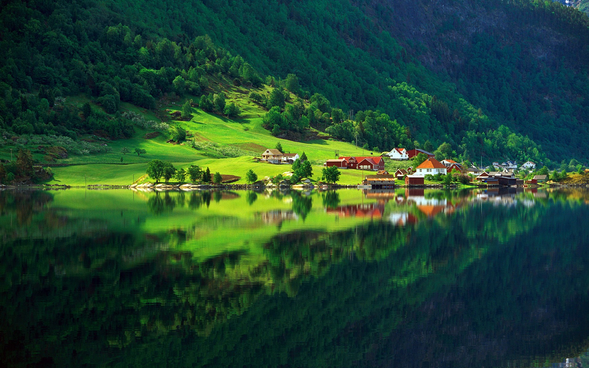 Nordic landscape with a village by the water HD Wallpaper