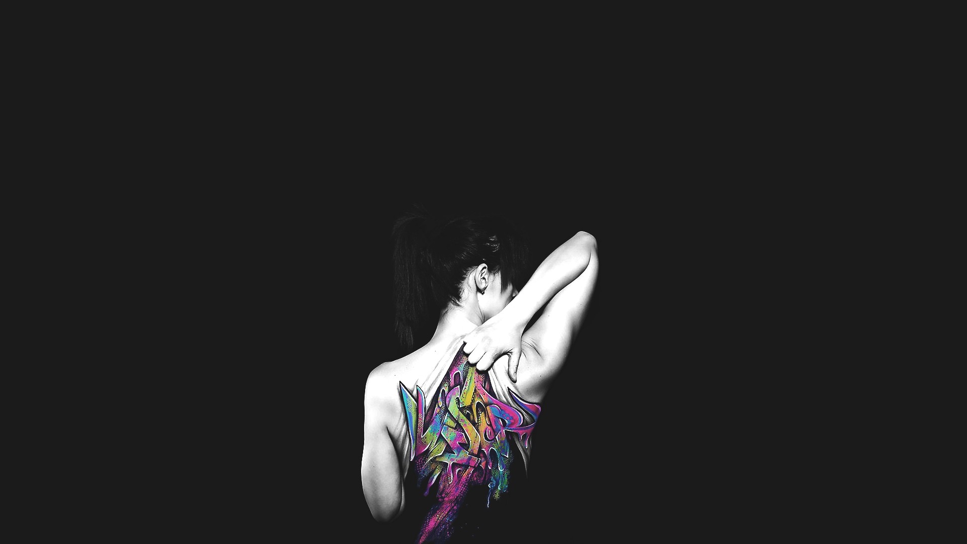 Woman with colorful graffiti body paint on black background HD Wallpaper