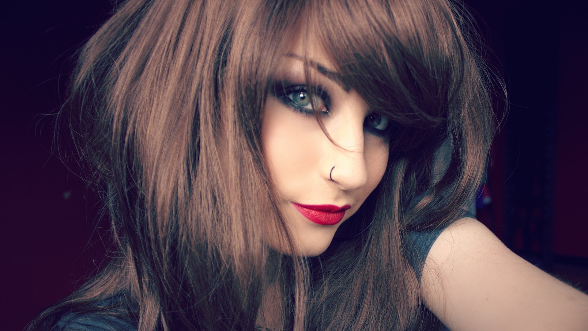 Woman with long brown hair and red lipstick HD Wallpaper