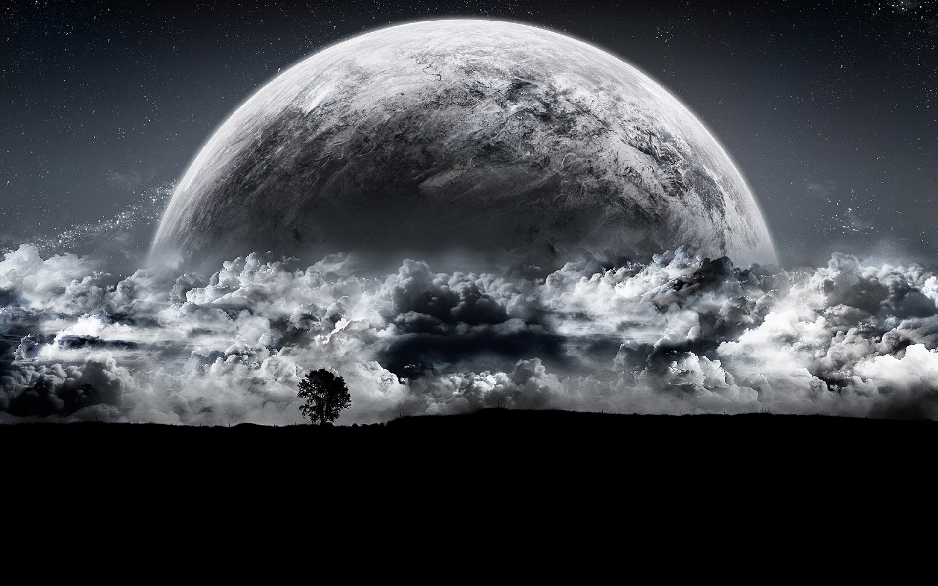 Planet rising above clouds with a lone tree HD Wallpaper