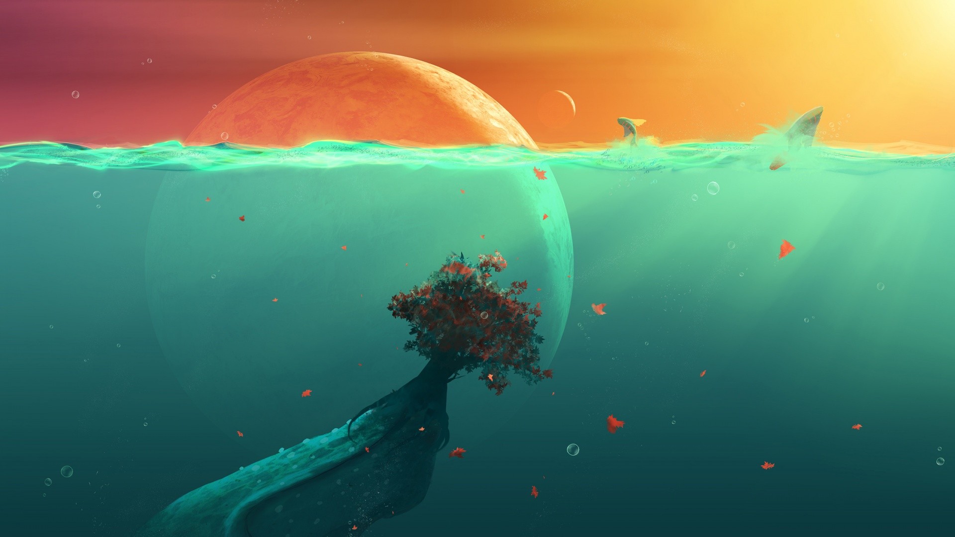 Underwater tree with planets and sharks HD Wallpaper