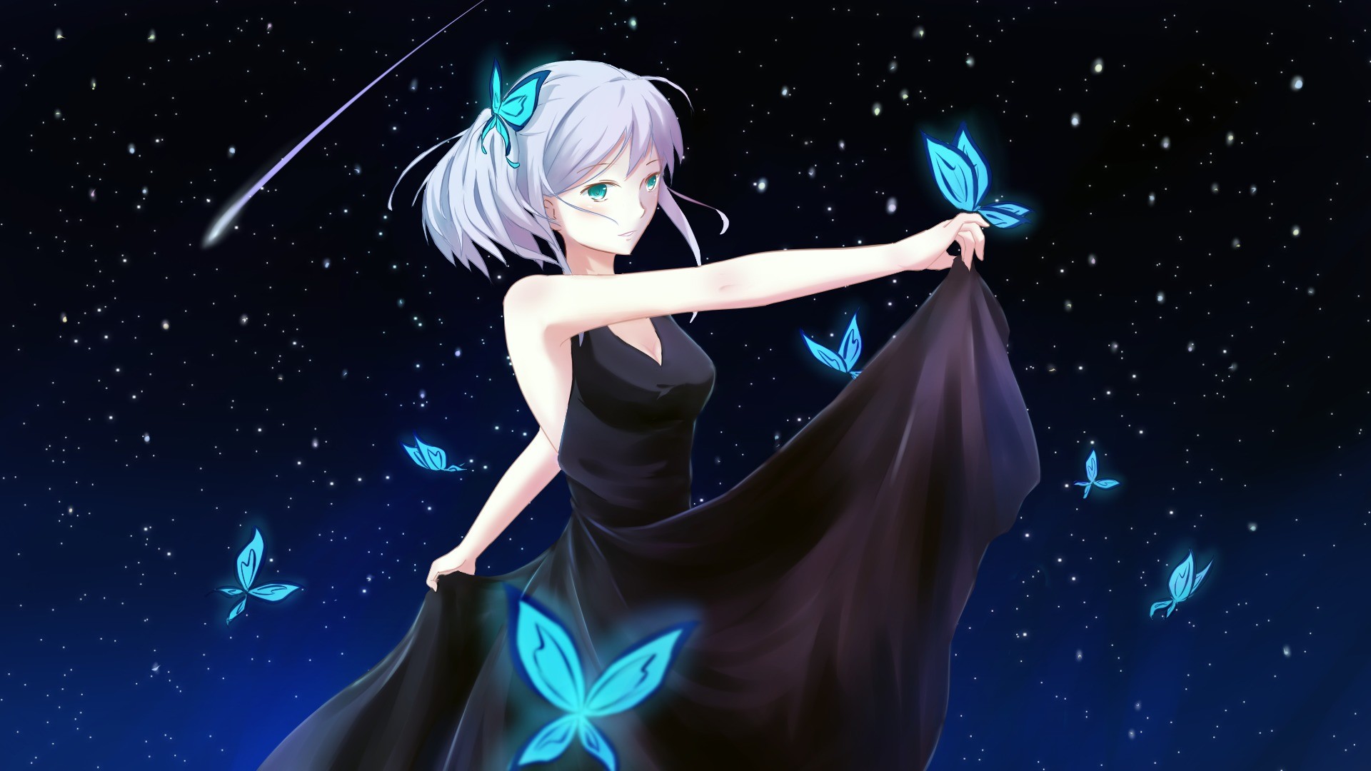 Anime girl in black dress with glowing butterflies HD Wallpaper