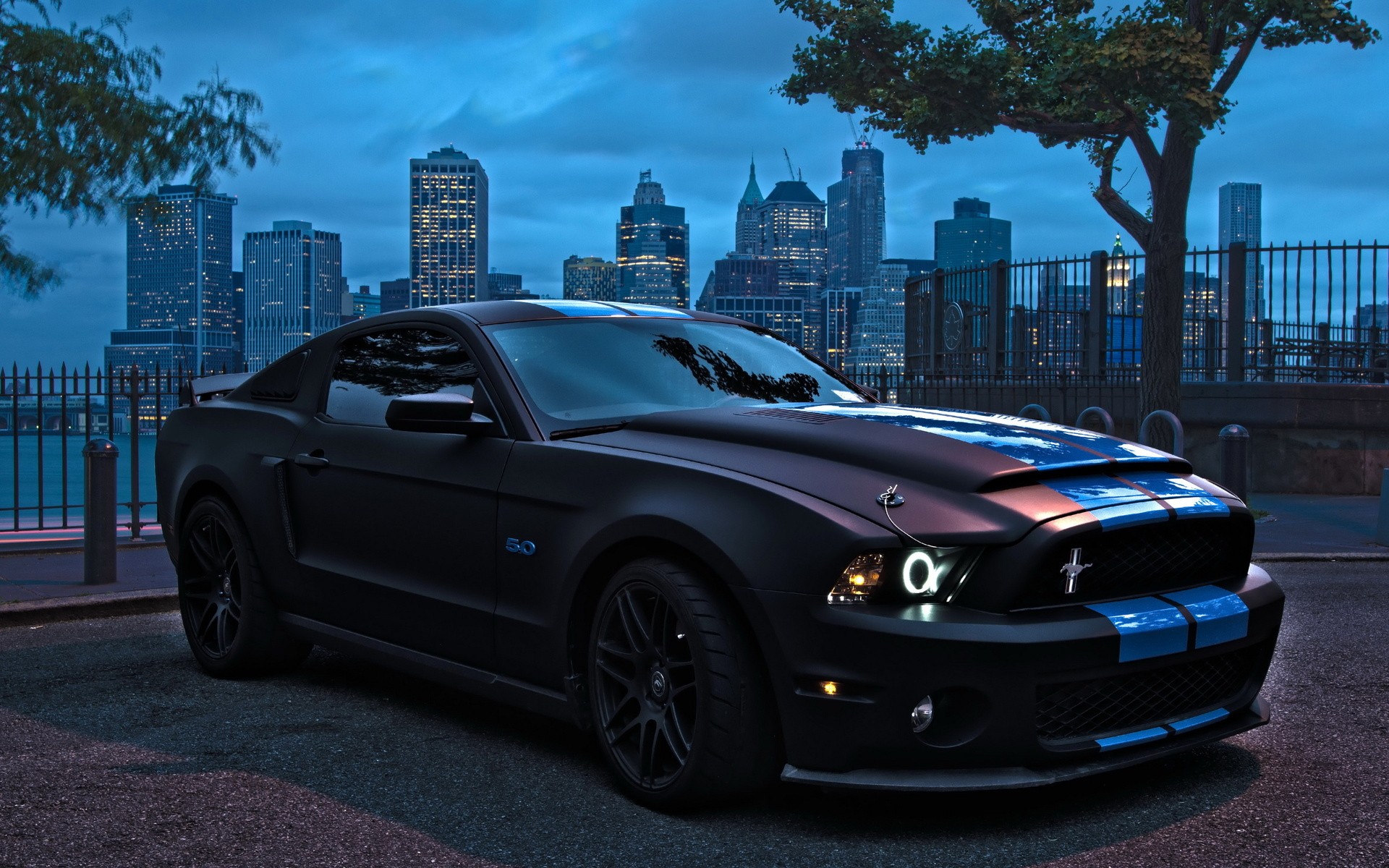 Matte black Ford Mustang with blue stripes in city HD Wallpaper